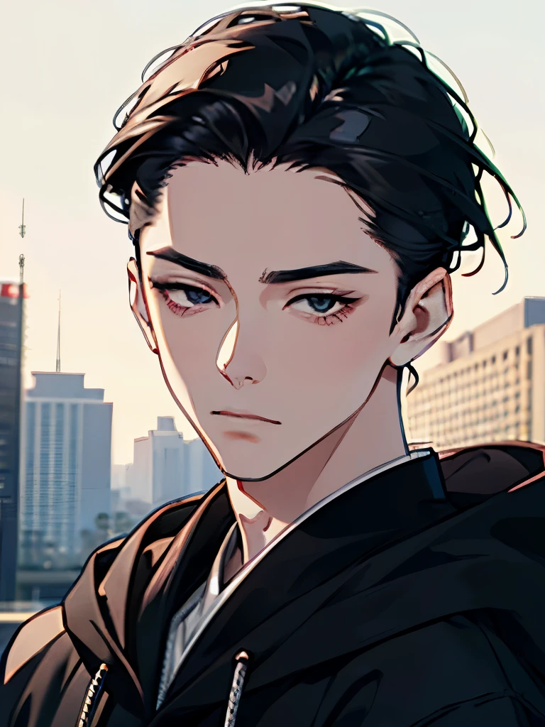 A man, simple, eye contact, face close-up, asian eyes, pale skin, black hair, dark black eyes, half closed eyes, small eyes, elegant, hair slicked back, hoodie