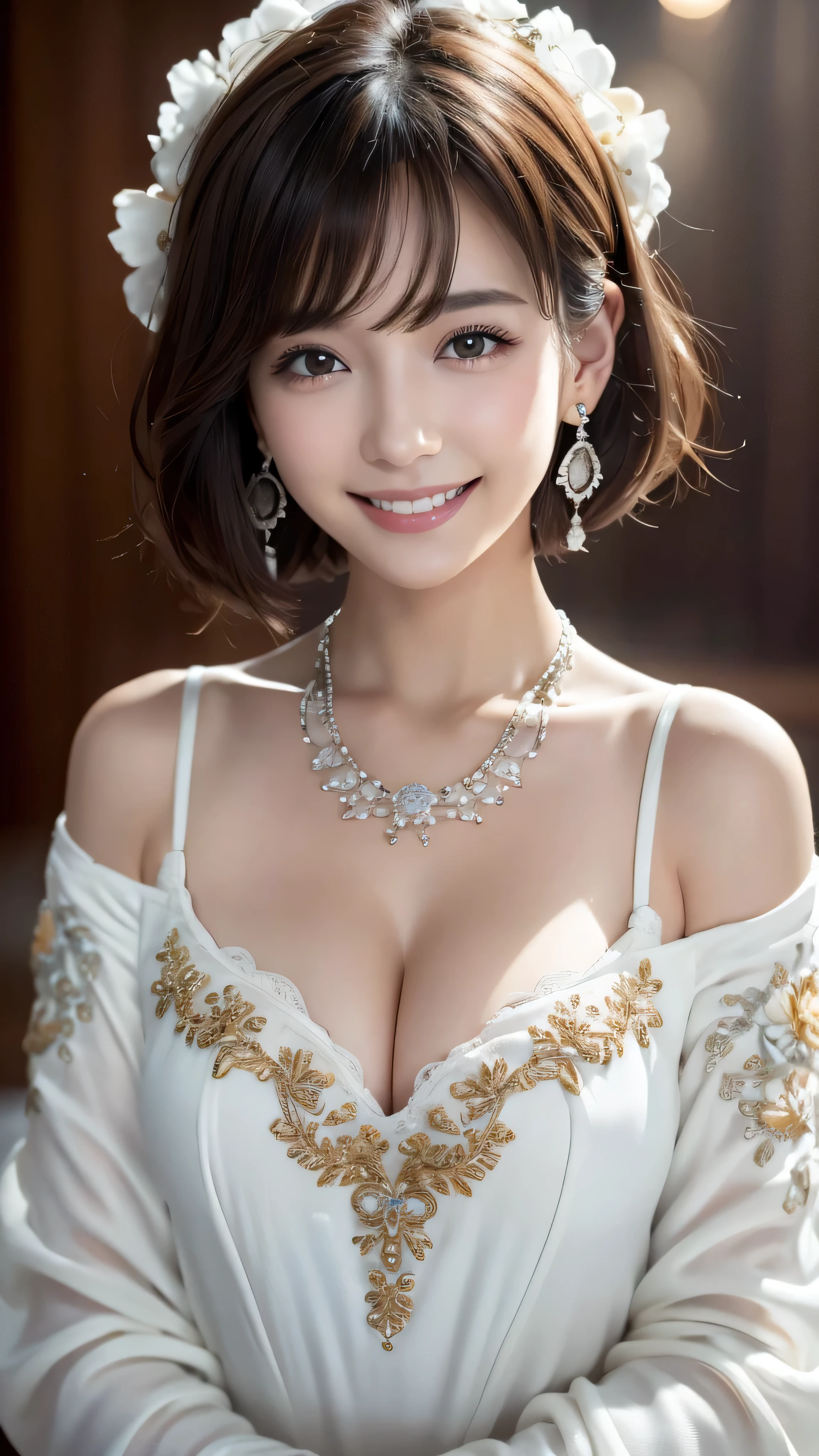(8K、超High resolution、超High resolution、Raw photo、best image quality、pieces fly:1.5)、Japanese girl raw portrait、超High resolution、best image quality、 (medium chest、chest:1.3)、{hide the chest} (natural skin texture、fine skin、hyper realism、Super sharpness)、intricate details、written boundary depth、sexy adult woman、black hair short cut、tight ass star piece、best image quality、High resolution))、(realistic:1.4)、alone、close、smile happily、Big eyes、Clear double eyelids、eyelash、long neck、Absolute area、beautiful clavicle、The face is perfect、thin唇、small face、(look at the audience、eye highlights、light brown eyes、lip gloss)、((gold necklace_Larger earrings:1.2)),((shy smile:1.3)),((Flowing white dress embellished with intricate silver embroidery_long sleeve_thin:1.3))