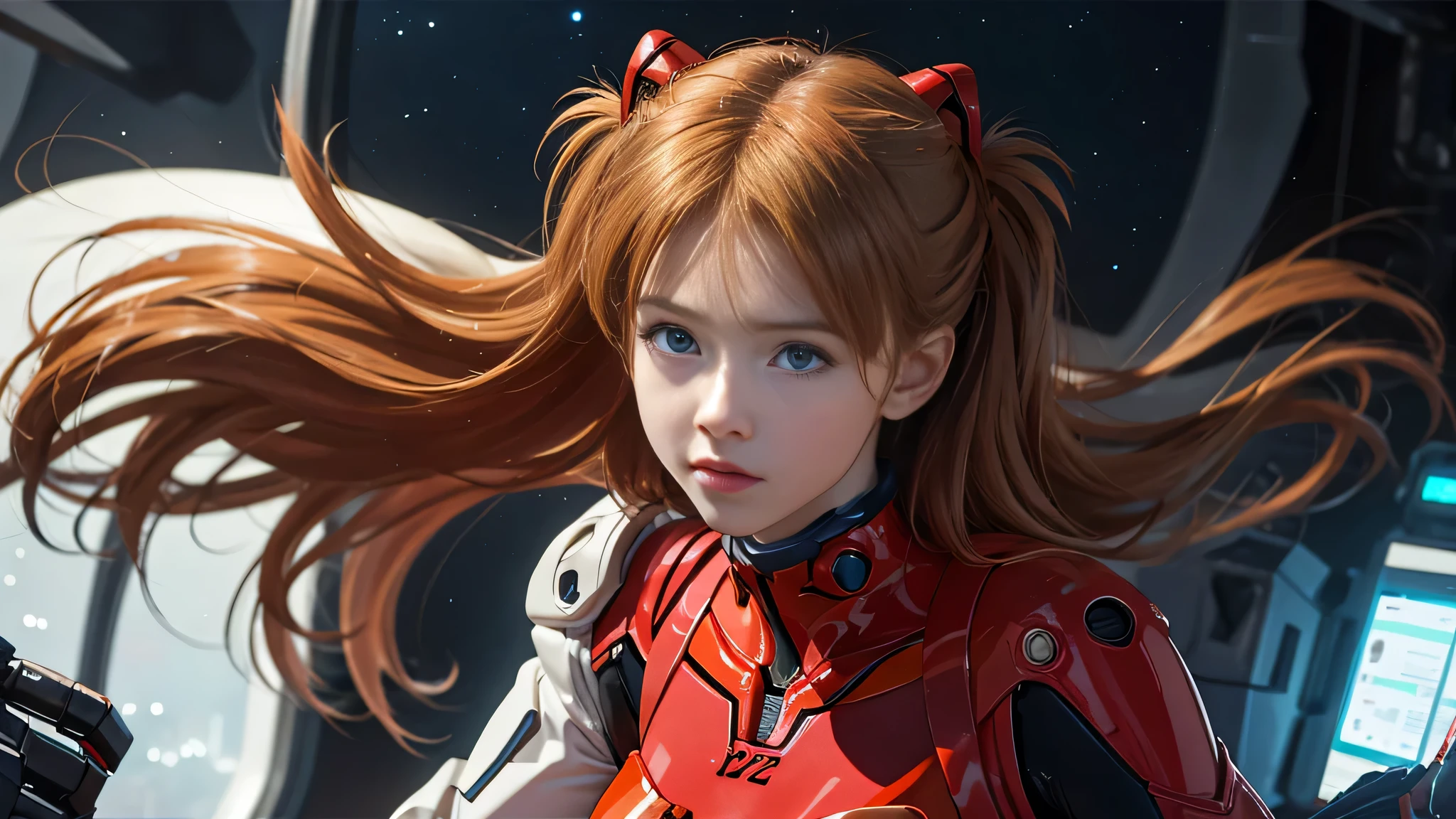 （俯瞰shape），dynamic angle，dynamic pose，Super detailed，shape，close-up of，straight，1 girl huge big ，Soul Asuka Langley，
 （（Soryu Asuka Langley，interface headset，red bodysuit：1.5，blonde）），彼女の目はdream-like星のように輝いていた，（Glow eye：1.233），（beautiful and delicate eyes：1.1），（No expression，please shut your mouth），（stand），（Mechanical room with tools and spaceship windows on white spaceship），（night：1.2），dream-like， [[thin fingers and hands：0.55]：：0.85]，（finger details），,perfect body,(lie:1.3)