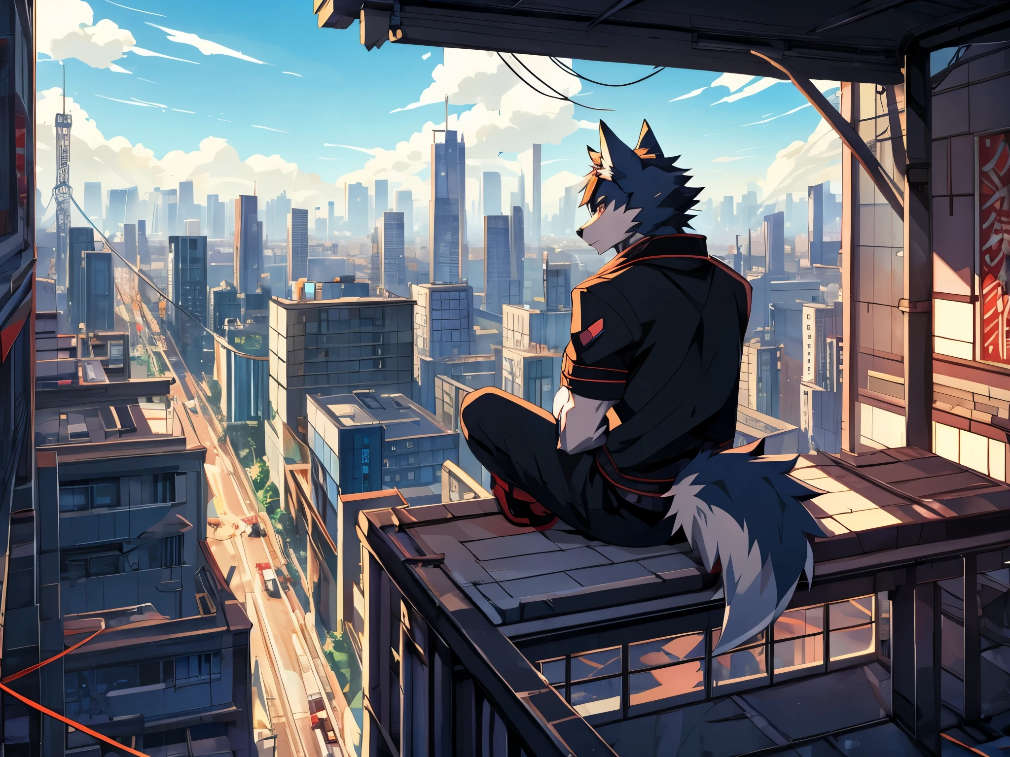 anime - style picture of a wolf man sitting on a ledge with a city in the background, lofi artstyle, anime style 4 k, inspired by Liam Wong, anime style. 8k, 4k anime wallpaper, anime art wallpaper 8 k, 2 d art, 2d art, badass anime 8 k, by Yuumei, anime art wallpaper 4k, (Wolf Tail)