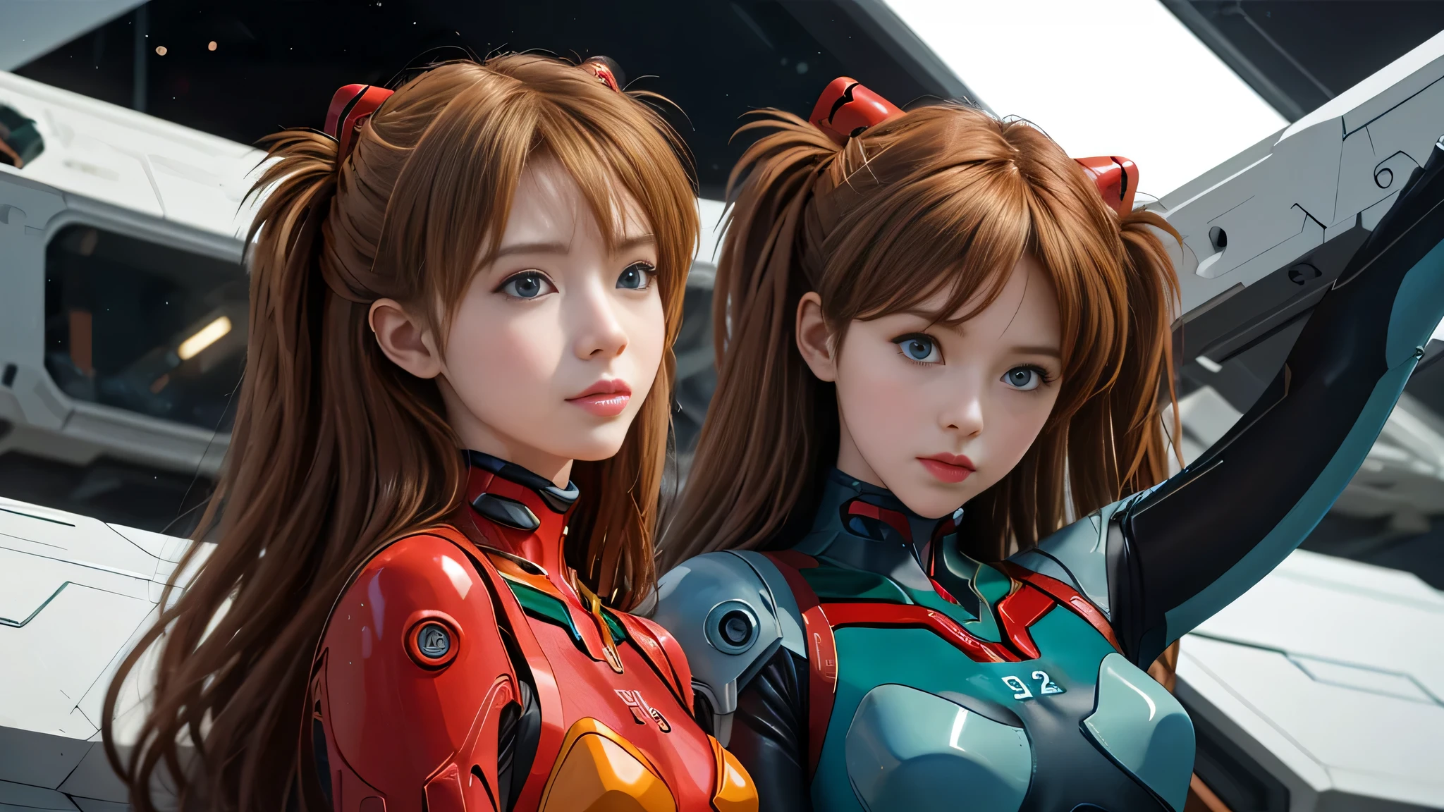 （俯瞰shape），dynamic angle，dynamic pose，Super detailed，shape，close-up of，straight，1 girl huge big ，Soul Asuka Langley，
 （（Soryu Asuka Langley，interface headset，red bodysuit：1.5，blonde）），彼女の目はdream-like星のように輝いていた，（Glow eye：1.233），（beautiful and delicate eyes：1.1），（No expression，please shut your mouth），（stand），（Mechanical room with tools and spaceship windows on white spaceship），（night：1.2），dream-like， [[thin fingers and hands：0.55]：：0.85]，（finger details），,perfect body,(lie:1.3)