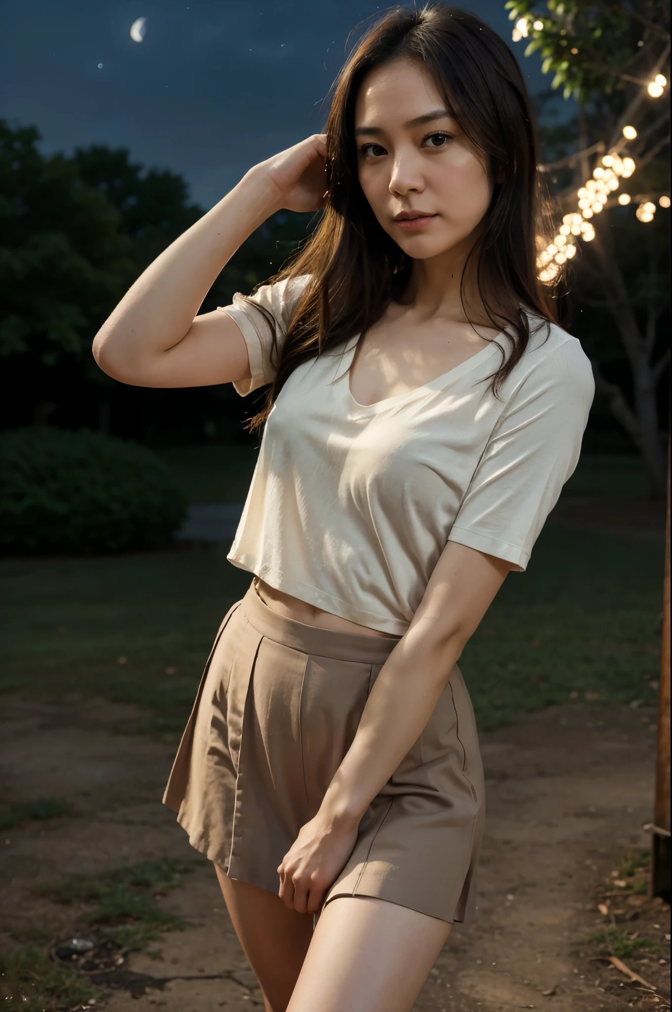 Masterpiece, High Quality, RAW, Realistic, Making Pictures of a 39-year-old Married Woman. Her name is Yuki Okazawa. She lives in Suginami-ku, Tokyo. She has a thin, bright face and warm, intelligent eyes. She has an elegant expression. She wore an ivory deep V-neck transparent chiffon T-shirt, a brown cardigan, and a Carolina blue midi skirt. She was wearing brown sneakers. She is looking at the stars in the park at((( night))). (((The night sky is lit with bright stars))). well proportioned figure, slim face, detailed face, detailed skirt, small face,standing, beautiful legs, slim thighs, astronomical telescope are installed on the park's floor, (((faint nipple))), ,
