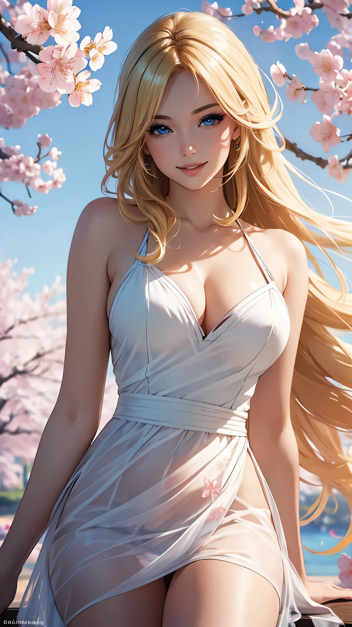 (best quality,ultra-detailed,photo-realistic:1.37),bright and vibrant colors,studio lighting,playful expression,stylish makeup,long blonde hair flowing in the wind,alluring eyes,glossy lips,sexy pose, Cherry Blossom, smiling in a confident and seductive way,posing for a professional photoshoot,shallow depth of field,highlighting the main subject,soft natural lighting,creating a dreamy and magical atmosphere.