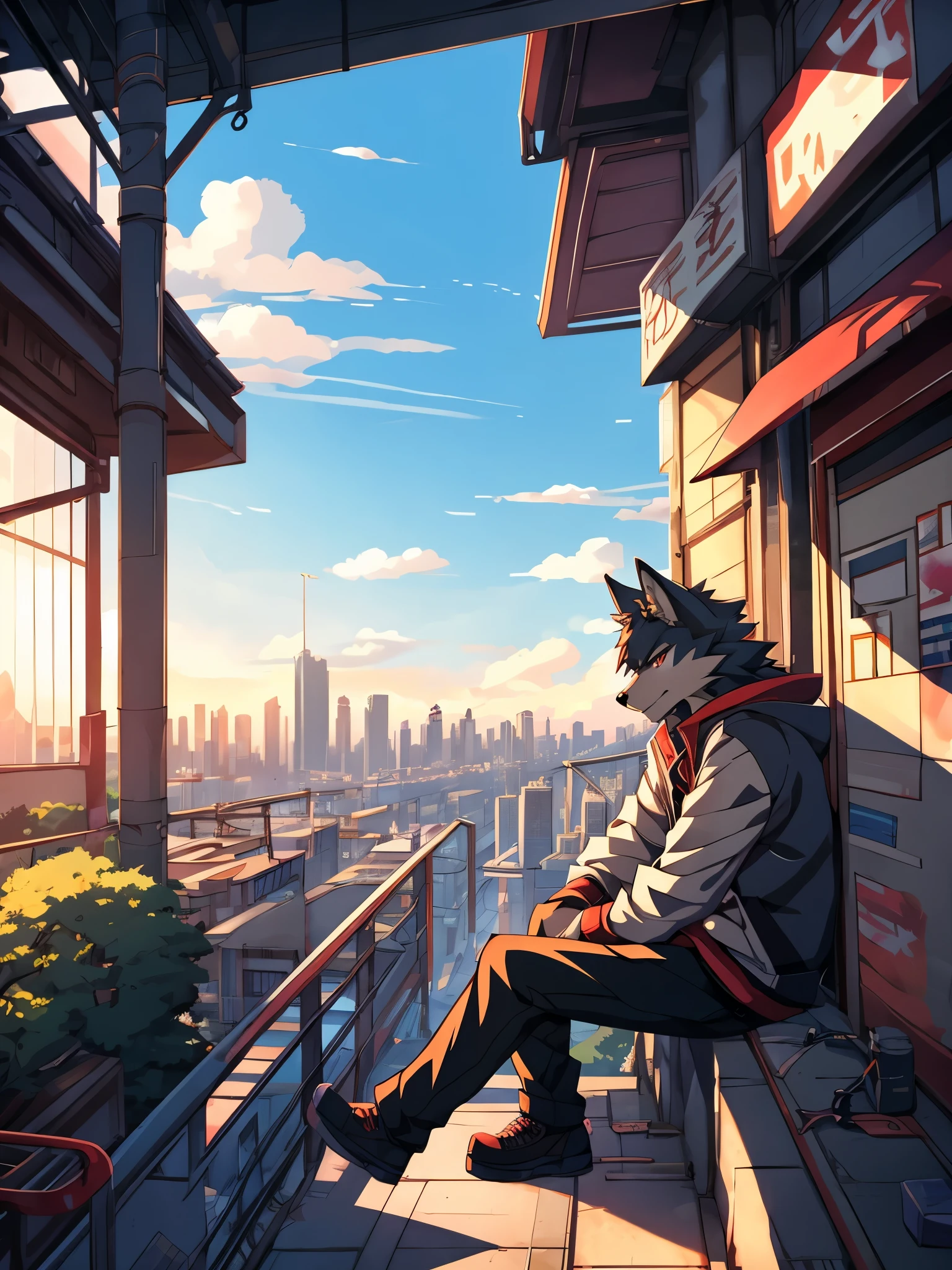 anime - style picture of a wolf man sitting on a ledge with a city in the background, lofi artstyle, anime style 4 k, inspired by Liam Wong, anime style. 8k, 4k anime wallpaper, anime art wallpaper 8 k, 2 d art, 2d art, badass anime 8 k, by Yuumei, anime art wallpaper 4k, (Wolf Tail)