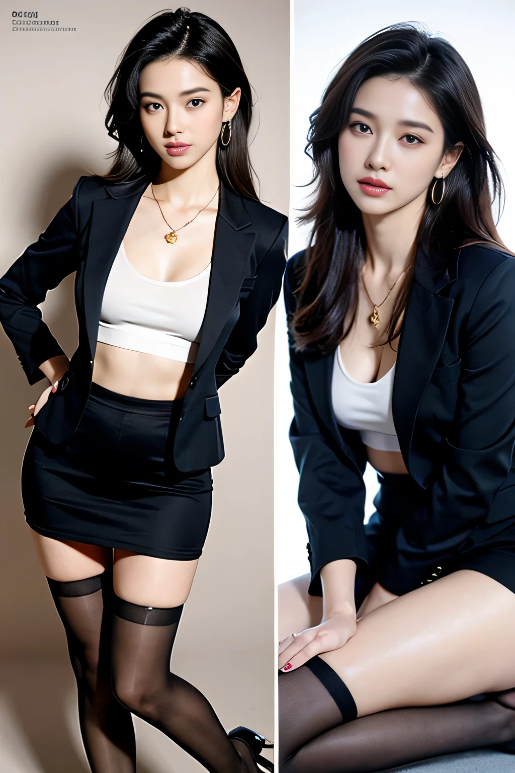 ((small breast:1.4)),women.pantyhose,ring.neckless,realistic,(ultra quality:1.2),japanese,high quality,masterpiece,(ultra detailed:1.4), two women attending funeral, wearing v-neck skirt suit, above , (slight bra visible at bosom:1.2),((real background)),slender,livingroom
