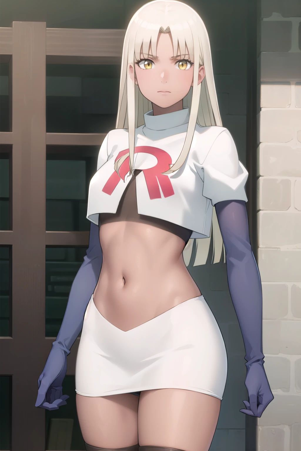 photorealistic, (4k), depth of field, (Masterpiece), (realistic skin texture), extremely detailed, intricate, hyper detailed, professional photography, high resolution, sharp detail, best quality, woman, tanned skin, long hair, blonde hair, yellow eyes, , solo, team rocket,team rocket uniform, red letter R, white skirt,white crop top,black thigh-highs,black elbow gloves