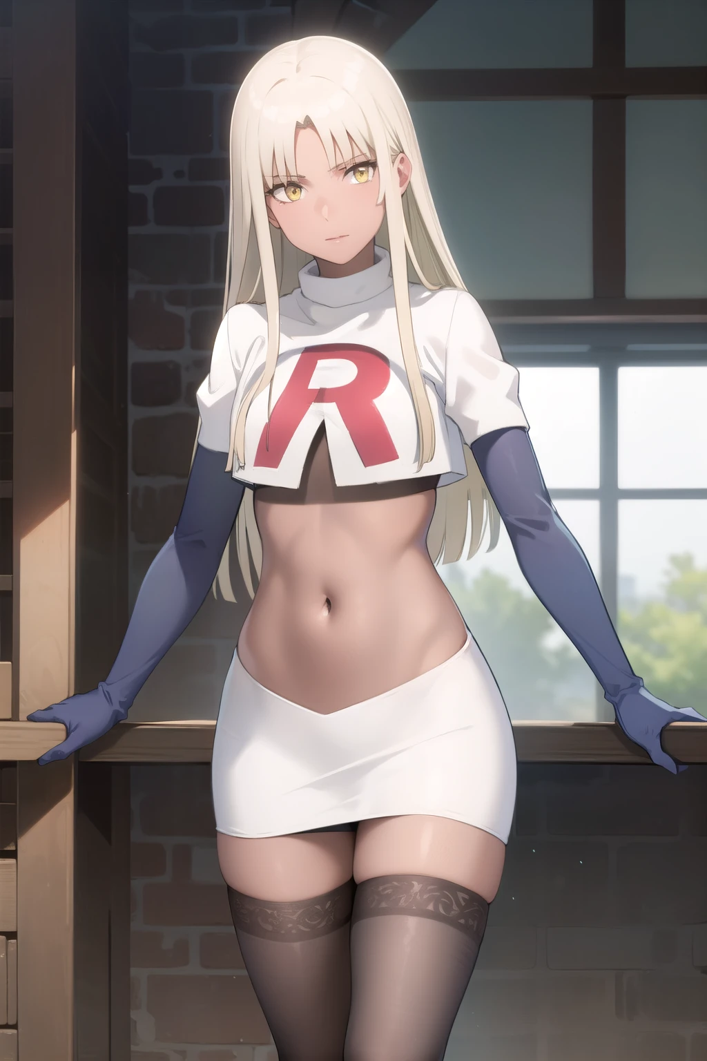 photorealistic, (4k), depth of field, (Masterpiece), (realistic skin texture), extremely detailed, intricate, hyper detailed, professional photography, high resolution, sharp detail, best quality, woman, tanned skin, long hair, blonde hair, yellow eyes, , solo, team rocket,team rocket uniform, red letter R, white skirt,white crop top,black thigh-highs,black elbow gloves