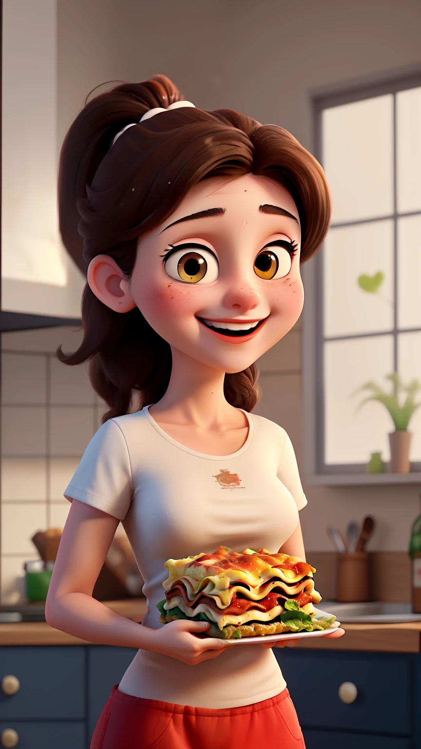 uma mulher, jovem, sozinha, com o cabelo escuro, sorridente, holding a lasagna with your hands, em uma cozinha