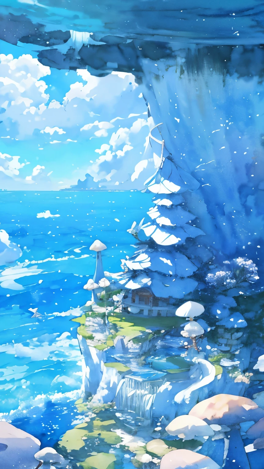 watercolor painting、全体的ににじんだwatercolor painting、blue sea、White cloud、mushrooms floating in the sea、Mysterious Mushroom Island、scenic masterpiece:1.5、highest quality、ultra high resolution、blurred、Dolphin、