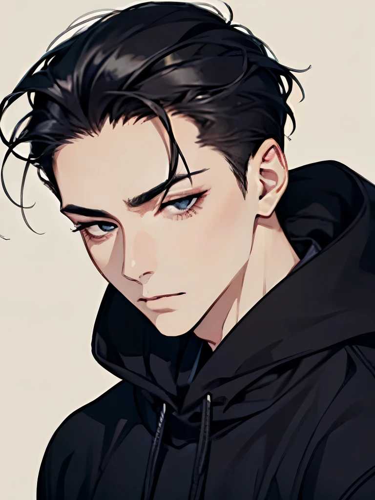 A man, simple, eye contact, face close-up, asian eyes, pale skin, black hair, dark black eyes, half closed eyes, small eyes, elegant, hair slicked back, hoodie