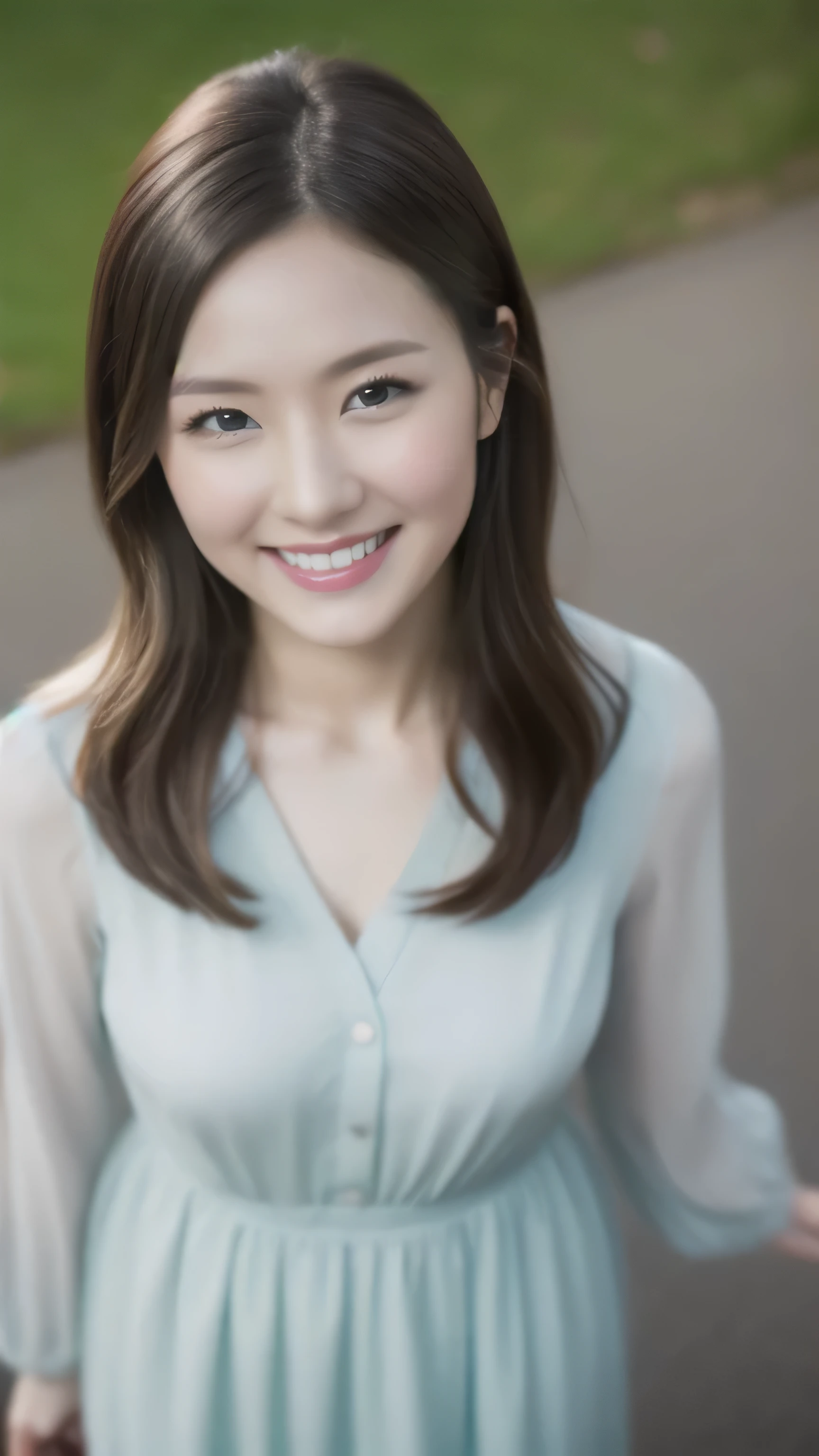 ((1 person)),hostess face、smile、30 years old、married woman、spring clothes、high quality、Super realistic、married womanの体型、日本人のmarried woman、 perfect eyes、Shining beautiful skin、business district,shoot from above
