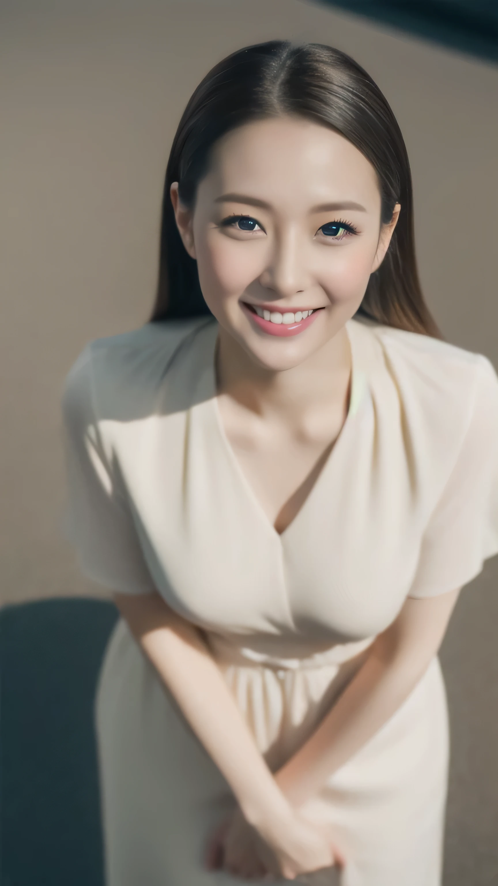 ((1 person)),hostess face、smile、30 years old、married woman、spring clothes、high quality、Super realistic、married womanの体型、日本人のmarried woman、 perfect eyes、Shining beautiful skin、business district,shoot from above