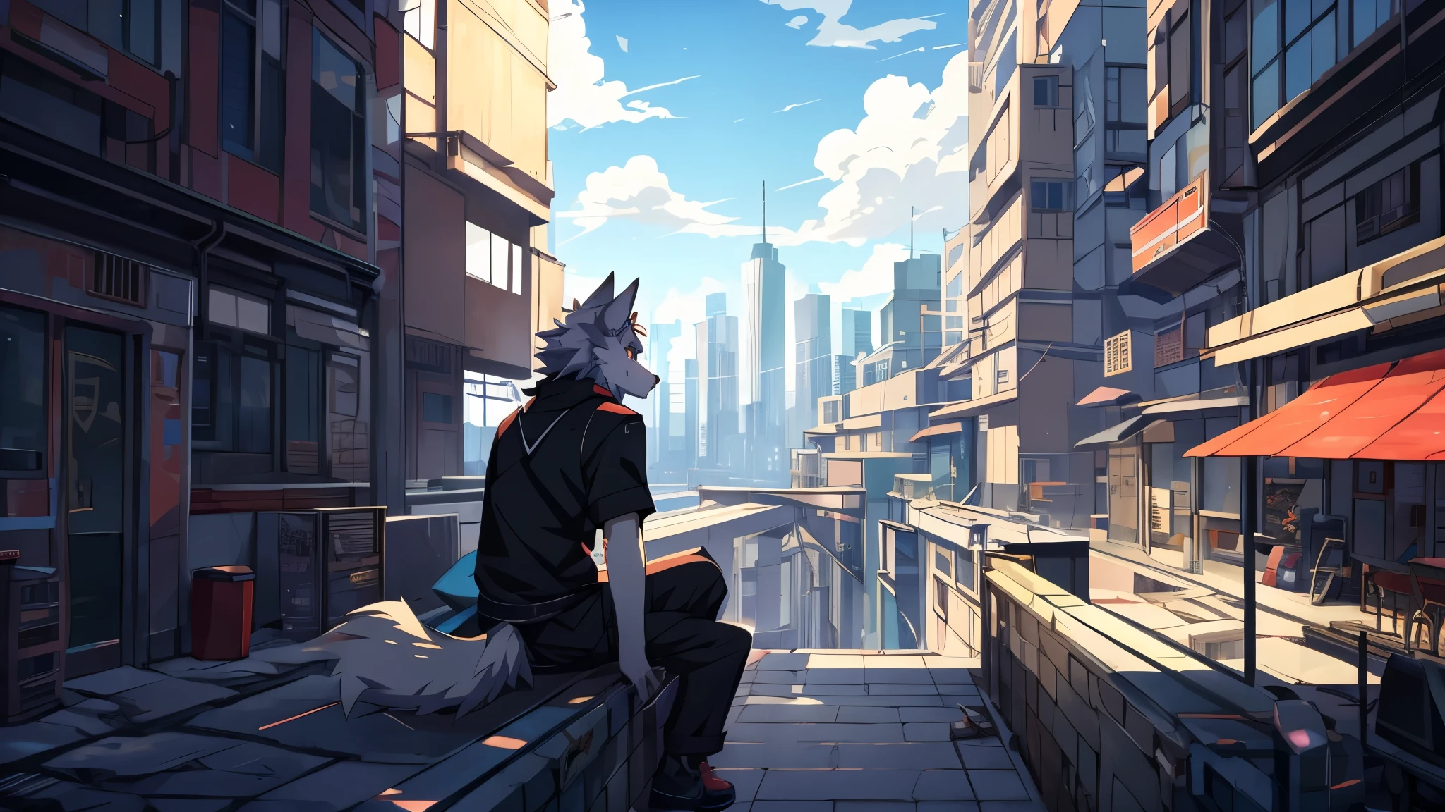 anime - style picture of a wolf man sitting on a ledge with a city in the background, lofi artstyle, anime style 4 k, inspired by Liam Wong, anime style. 8k, 4k anime wallpaper, anime art wallpaper 8 k, 2 d art, 2d art, badass anime 8 k, by Yuumei, anime art wallpaper 4k, (Wolf Tail)