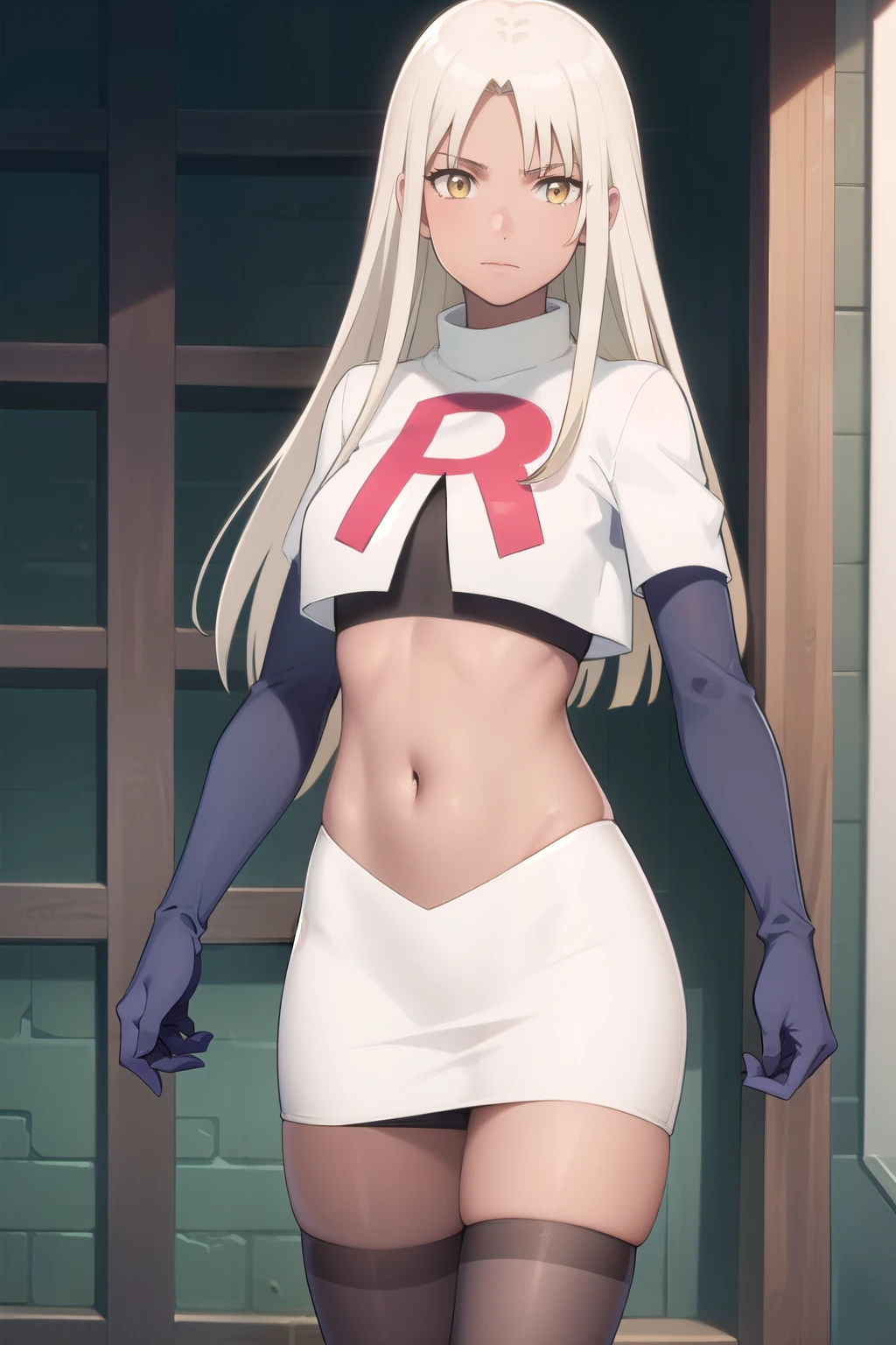 photorealistic, (4k), depth of field, (Masterpiece), (realistic skin texture), extremely detailed, intricate, hyper detailed, professional photography, high resolution, sharp detail, best quality, woman, tanned skin, long hair, blonde hair, yellow eyes, , solo, team rocket,team rocket uniform, red letter R, white skirt,white crop top,black thigh-highs,black elbow gloves