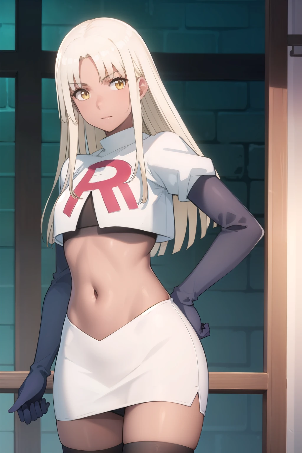 photorealistic, (4k), depth of field, (Masterpiece), (realistic skin texture), extremely detailed, intricate, hyper detailed, professional photography, high resolution, sharp detail, best quality, woman, tanned skin, long hair, blonde hair, yellow eyes, , solo, team rocket,team rocket uniform, red letter R, white skirt,white crop top,black thigh-highs,black elbow gloves