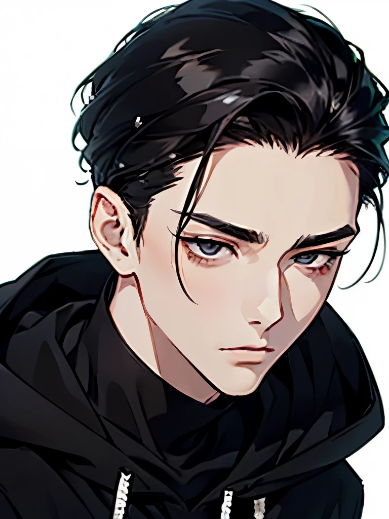 A man, simple, eye contact, face close-up, asian eyes, pale skin, black hair, dark black eyes, half closed eyes, small eyes, elegant, hair slicked back, hoodie, defined bone structure, defined facial features, slim
