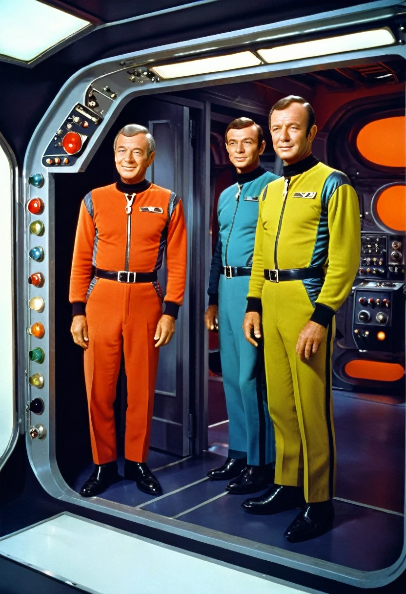 (((INNER IMAGE of a spaceship))) Internal image of an old starship from a 1960s TV series, Lost in Space, Republic series, Irwin Allen TV Show, science fiction, Star style colorful uniforms Trek and Lost in Space, retro look, Vintage, old style, PERFECT FACES like actors from the 1960s, (((full body character framing))), ((PERFECT FACES)), large, very colorful internal set, ((PERFECT FACES)), crew, enhanced faces, alien, robot, Science Fiction, TV studio lighting, old style image, TV series style, (((inside doors))), (((insert a robot))), ((((ROBOT)))