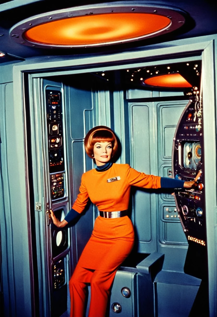 (((INNER IMAGE of a spaceship))) Internal image of an old starship from a 1960s TV series, Lost in Space, Republic series, Irwin Allen TV Show, science fiction, Star style colorful uniforms Trek and Lost in Space, retro look, Vintage, old style, PERFECT FACES like actors from the 1960s, (((full body character framing))), ((PERFECT FACES)), large, very colorful internal set, ((PERFECT FACES)), crew, enhanced faces, alien, robot, Science Fiction, TV studio lighting, old style image, TV series style, (((inside doors))), (((insert a robot))), ((((ROBOT)))