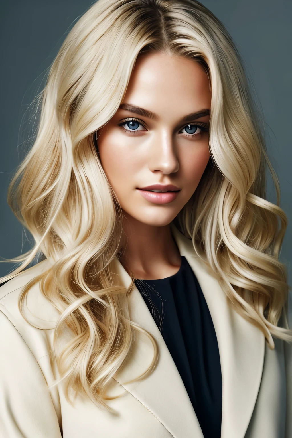 Blonde bombshell with a modern twist, age 25, Solo, Long, flowing hair, Natural waves or curls, voluminous and textured, healthy and shiny, effortless and chic minimalist outfit, Modern fashion, Magazine cover, Complementary to the hairstyle. The blonde bombshell's hair cascades down her shoulders in luscious waves, each strand bouncing with a natural texture that shines under the studio lights. Her chic minimalist outfit accentuates her silhouette, with clean lines and subtle accessories adding a touch of glamour. Her complexion is radiant and dewy, with defined eyes accentuated by a light coat of m