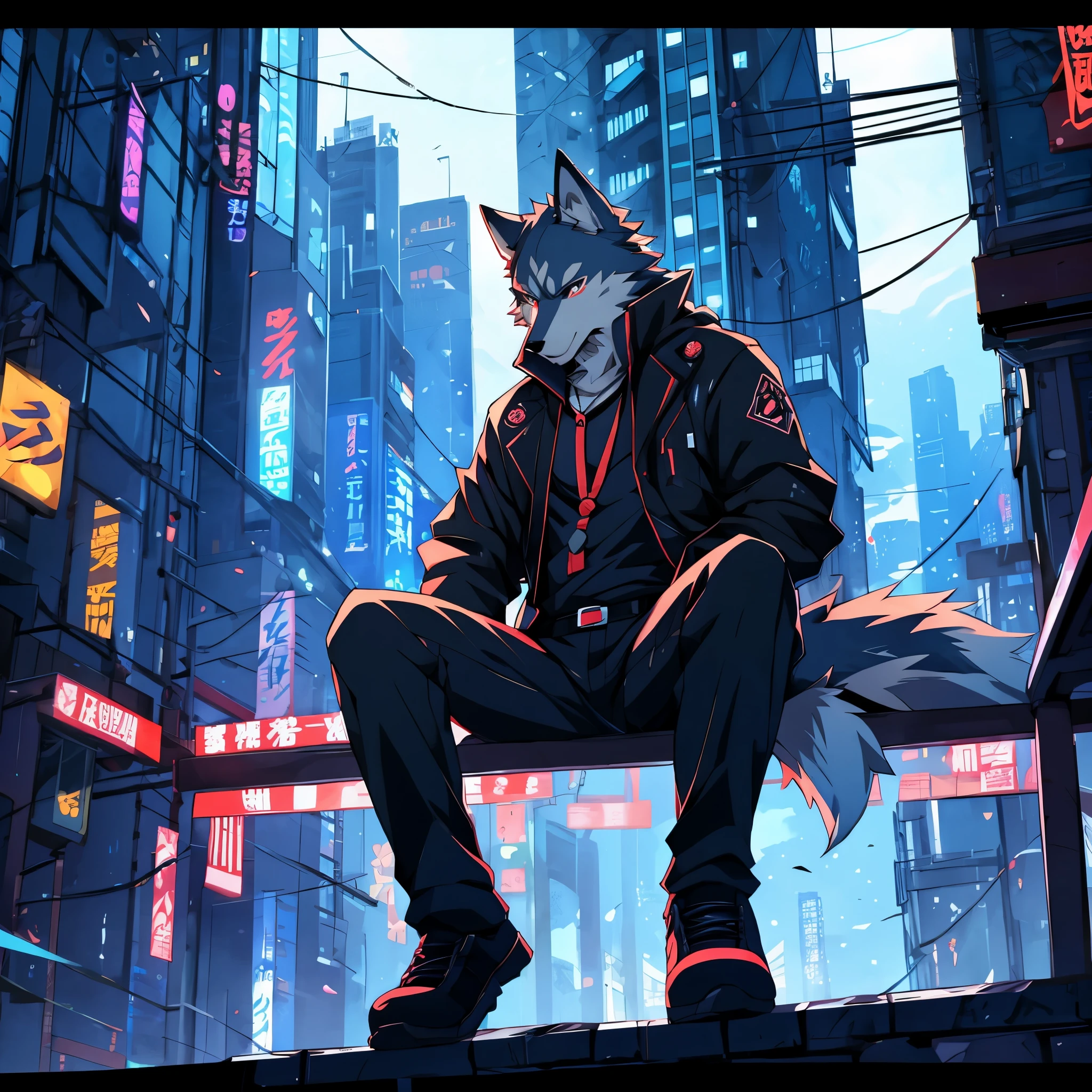 anime - style picture of a wolf man sitting on a ledge with a night city in the background, lofi artstyle, anime style 4 k, inspired by Liam Wong, anime style. 8k, 4k anime wallpaper, anime art wallpaper 8 k, 2 d art, 2d art, badass anime 8 k, by Yuumei, anime art wallpaper 4k, (Wolf Tail)