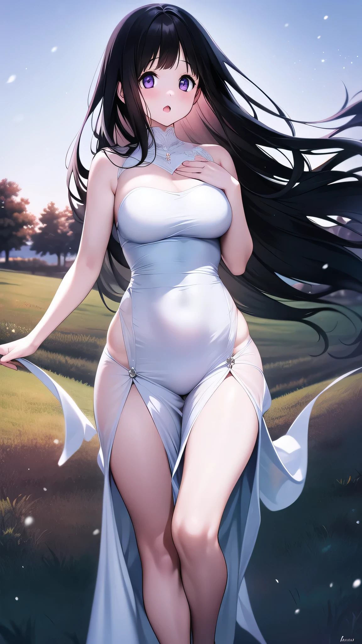 The stunning Chitanda Eru, purple eyes, black hair, Naturally straight hair, straight bangs, extremely refined, a girl，adult face，Open your mouth slightly，flowing long hair，Peerless beautiful girl, dreamlike，Slim，soft, (Sensual), (kawaii), dream quality, white dress，field farming，Audience facing one side，transparent skirt，flowing skirt，bare neck，naked ass，bare shoulders，Clavicle exposed，bare breasts，Bare thighs，camel toe，snow white skin，show your hands, delicate face,  thin waist, soft curves, Real light and shadow, Ultra-fine, 4K, move naturally, ultra high resolution, (masterpiece:1.2, best quality), (Exquisite and beautiful eyes: 1.2), (Beautiful and delicate face)