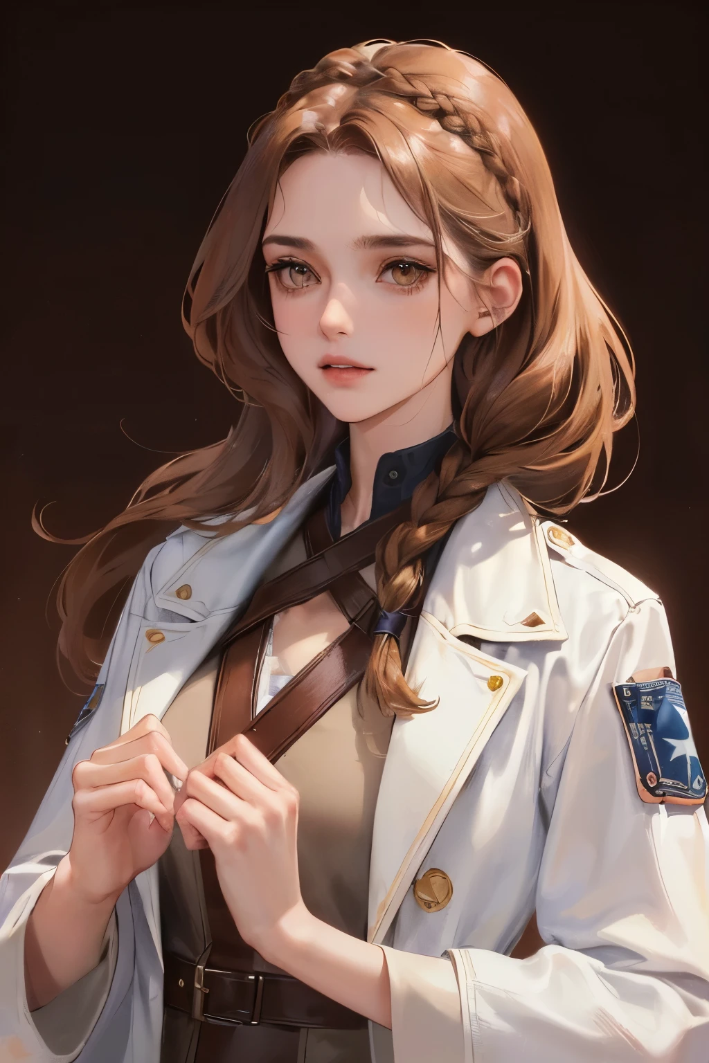 cover for a book, photography of beautiful woman, a solo woman, (((woman))), (feminine face), 25 years old, veterinarian, good girl, (brown eyes), expressive look, brown braided hair, (((dark background))), shine hair, white hospital coat, blue stars, super detailed face, perfect body, perfect shapes, realistic image, award winning photography, 8k,
