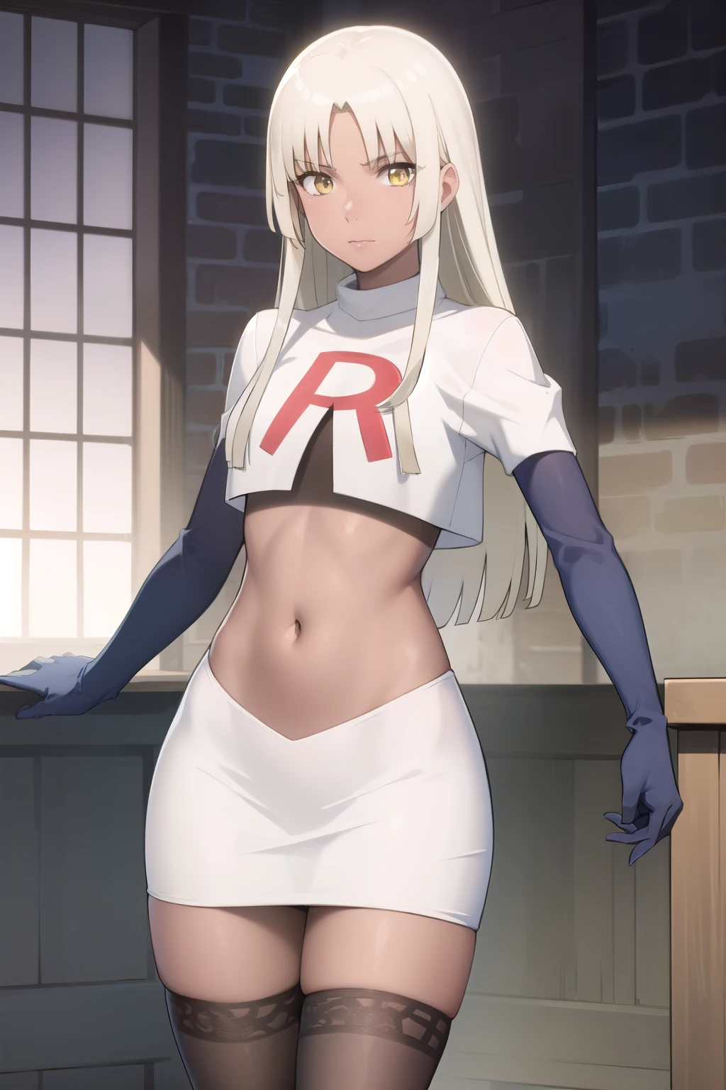 photorealistic, (4k), depth of field, (Masterpiece), (realistic skin texture), extremely detailed, intricate, hyper detailed, professional photography, high resolution, sharp detail, best quality, woman, tanned skin, long hair, blonde hair, yellow eyes, , solo, team rocket,team rocket uniform, red letter R, white skirt,white crop top,black thigh-highs,black elbow gloves