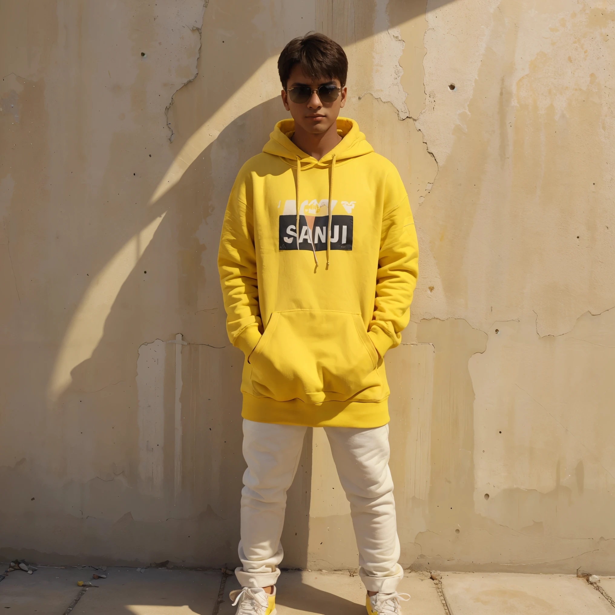 Create 3d image, a boy age 20 years old wearing h yellow hoodies and white pent, yellow sneakers, sunglasses. Standing a wall with put a ak47in hand. Wall written name "sanju" light colors