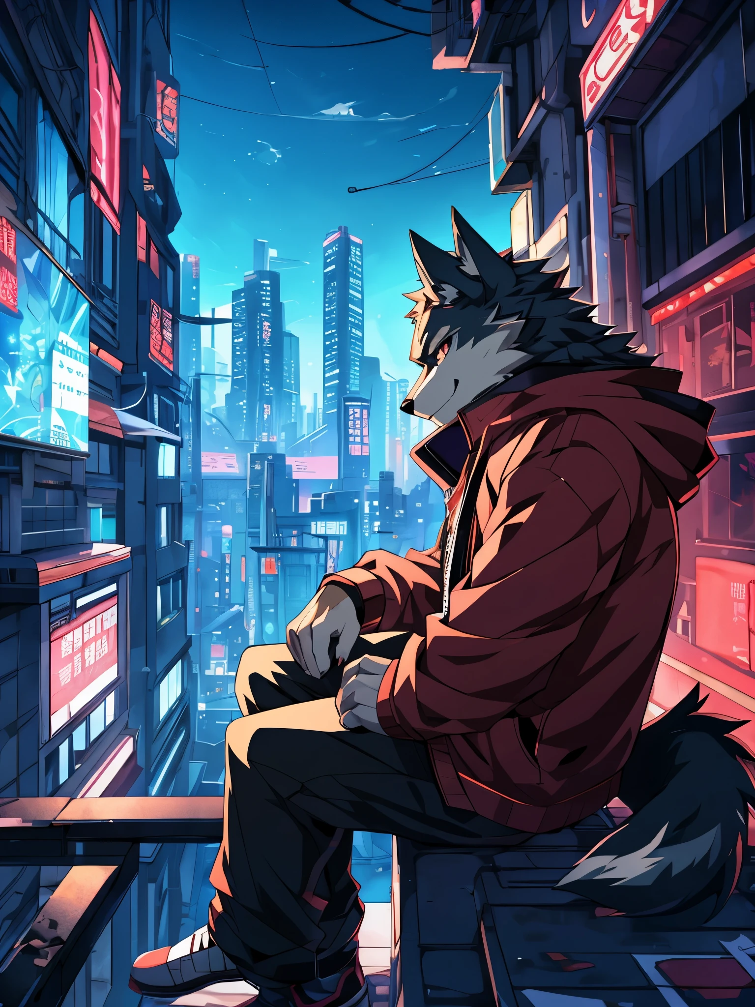 anime - style picture of a wolf man sitting on a ledge with a night city in the background, lofi artstyle, anime style 4 k, inspired by Liam Wong, anime style. 8k, 4k anime wallpaper, anime art wallpaper 8 k, 2 d art, 2d art, badass anime 8 k, by Yuumei, anime art wallpaper 4k, (Wolf Tail)