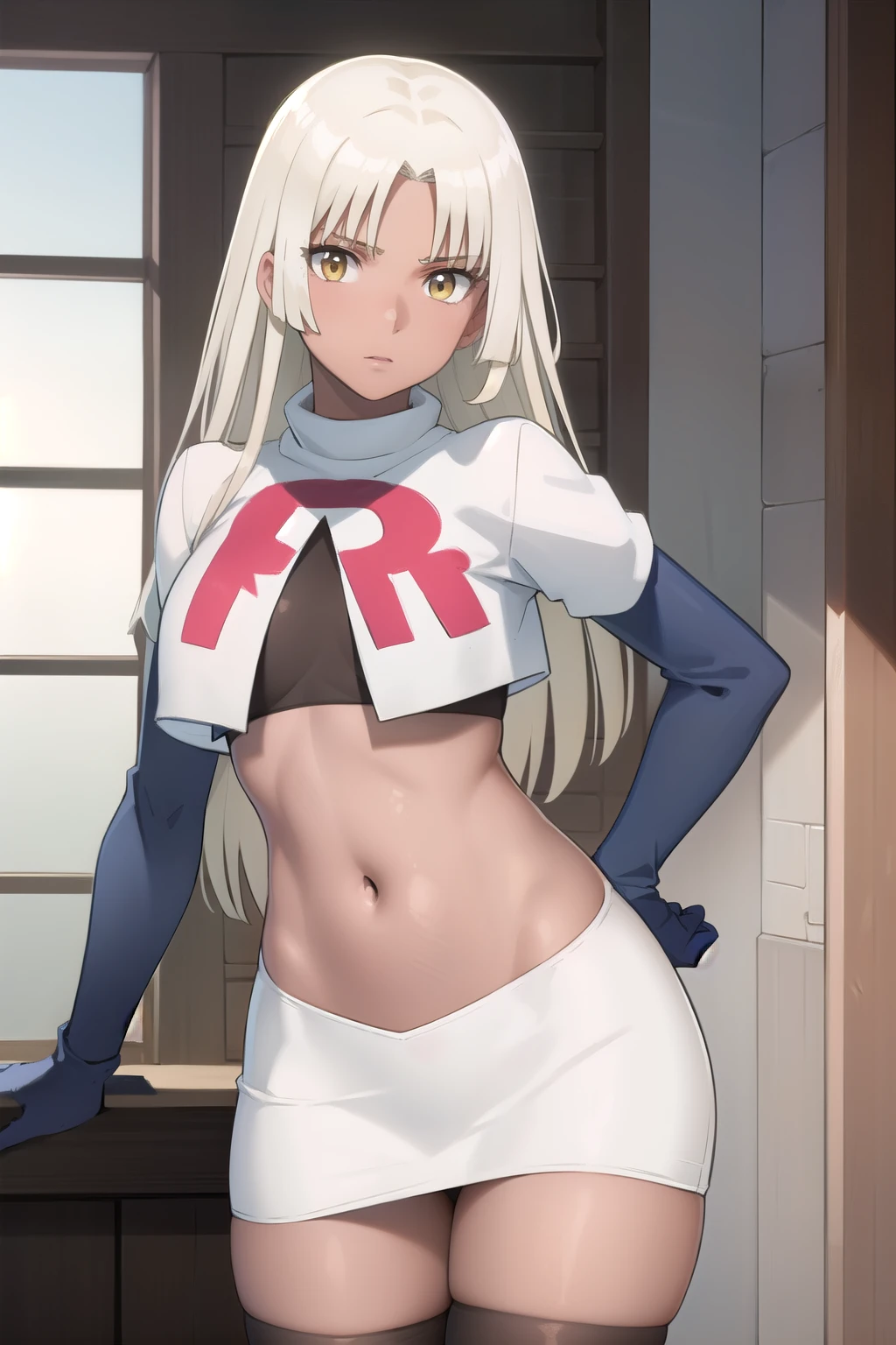 photorealistic, (4k), depth of field, (Masterpiece), (realistic skin texture), extremely detailed, intricate, hyper detailed, professional photography, high resolution, sharp detail, best quality, woman, tanned skin, long hair, blonde hair, yellow eyes, , solo, team rocket,team rocket uniform, red letter R, white skirt,white crop top,black thigh-highs,black elbow gloves