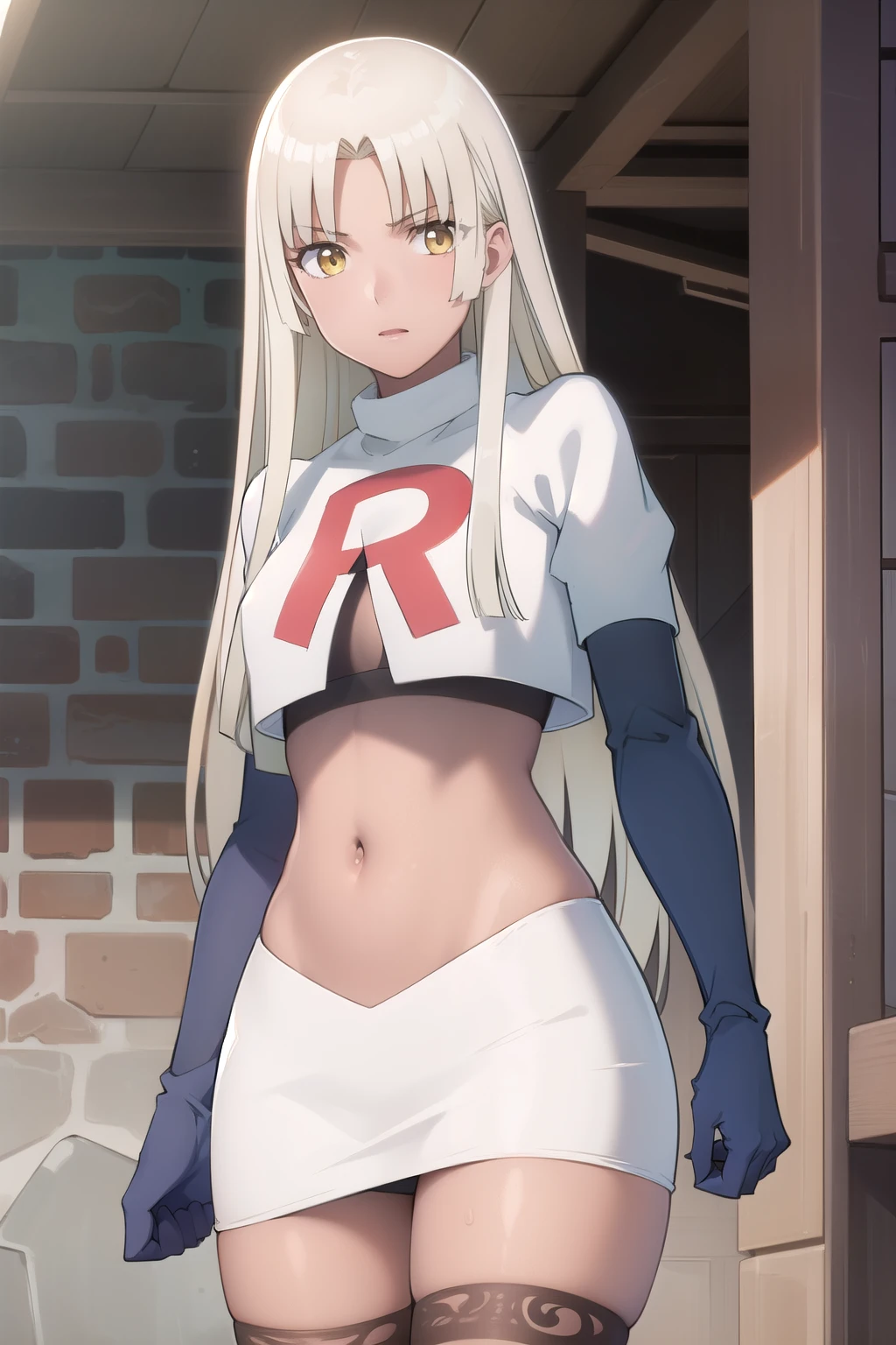 photorealistic, (4k), depth of field, (Masterpiece), (realistic skin texture), extremely detailed, intricate, hyper detailed, professional photography, high resolution, sharp detail, best quality, woman, tanned skin, long hair, blonde hair, yellow eyes, , solo, team rocket,team rocket uniform, red letter R, white skirt,white crop top,black thigh-highs,black elbow gloves