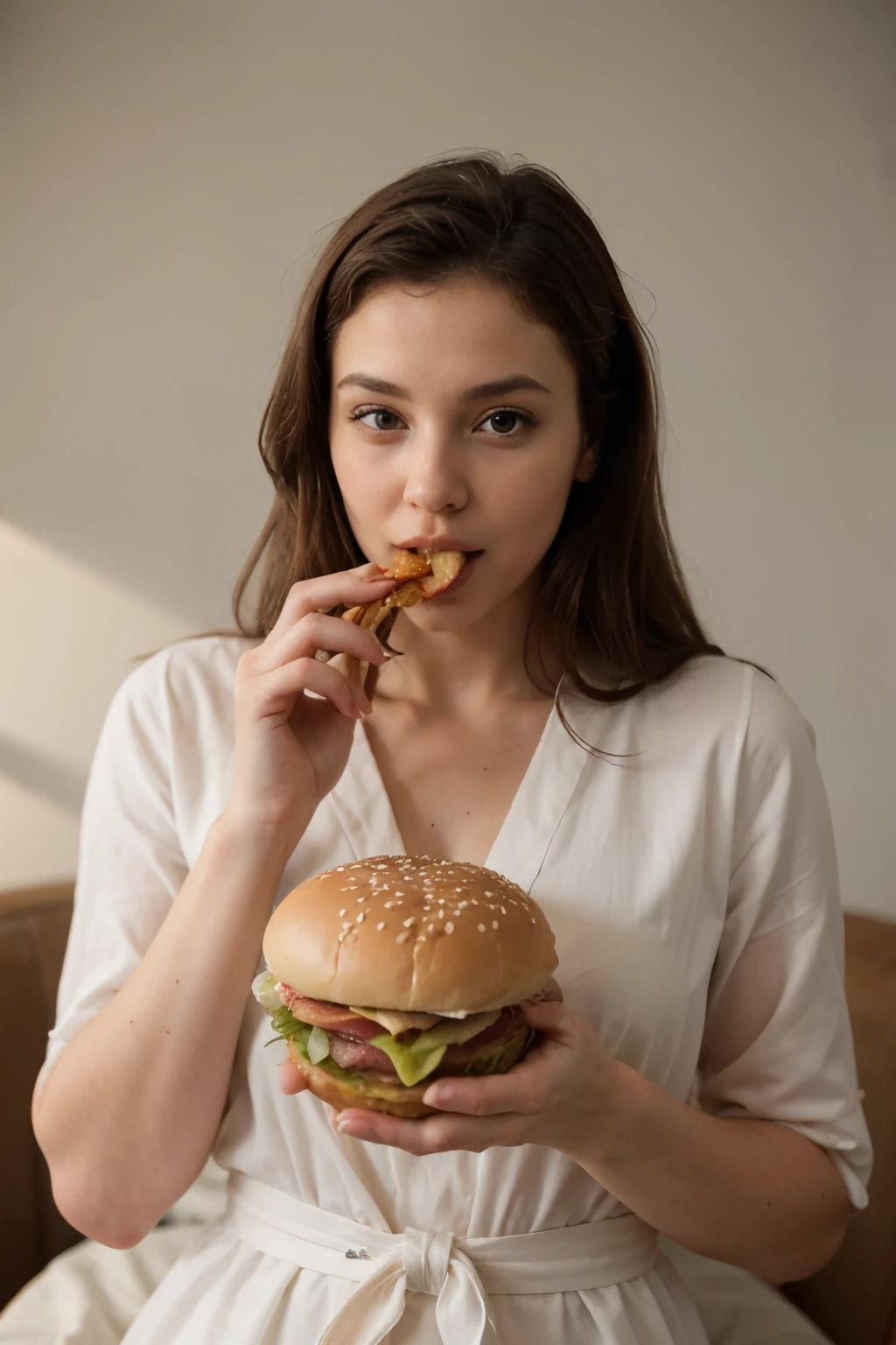 ((best quality)), (detailed), visage parfait, très jolie fille en robe de soirée mange un hamburger avec beaucoup d'envie. The hamburger is bitten with his mouth.