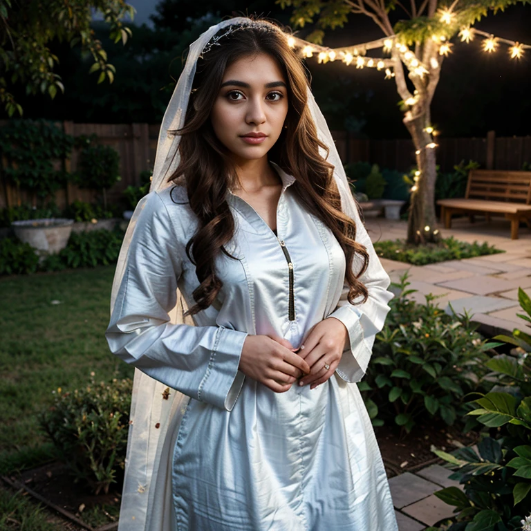 Young Pakistani woman, bride, sexy wedding shalwar kameez, and wearing dupata hijab, wedding, flower in hair, garden, night, detailed body, detailed face, ultra realistic, charming, cute, big hazel eyes with long curly hair, perfect fingers, ambient lighting, winter, detailed background, 8k, big extra large, very very big stuck in clothes