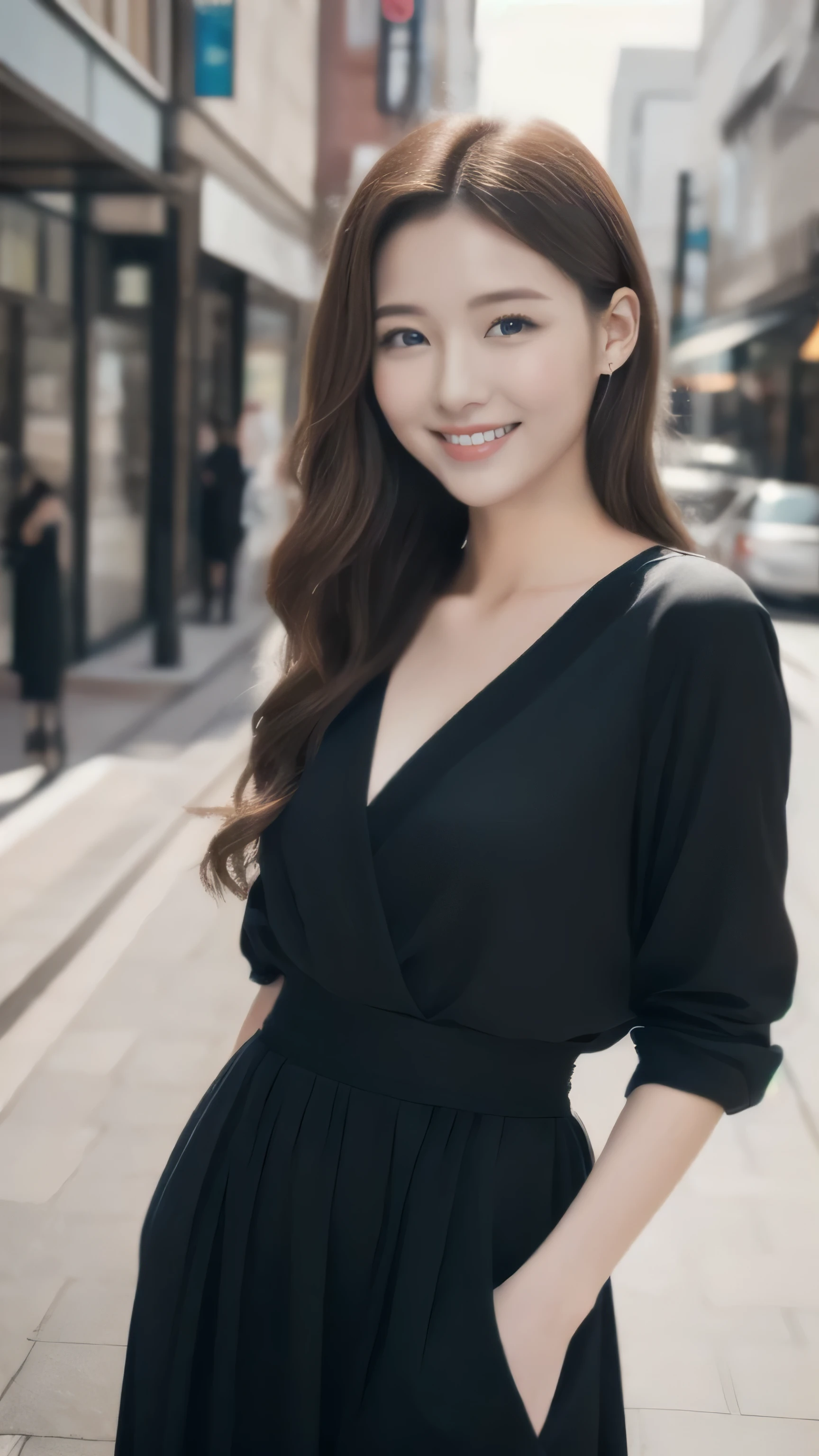 ((1 person))，hostess face、smile、20-year-old、married woman、spring clothes、high quality、Super realistic、married womanの体型、日本人のmarried woman、 perfect eyes、Shining beautiful skin、Shopping Street、above the waist，upper grade