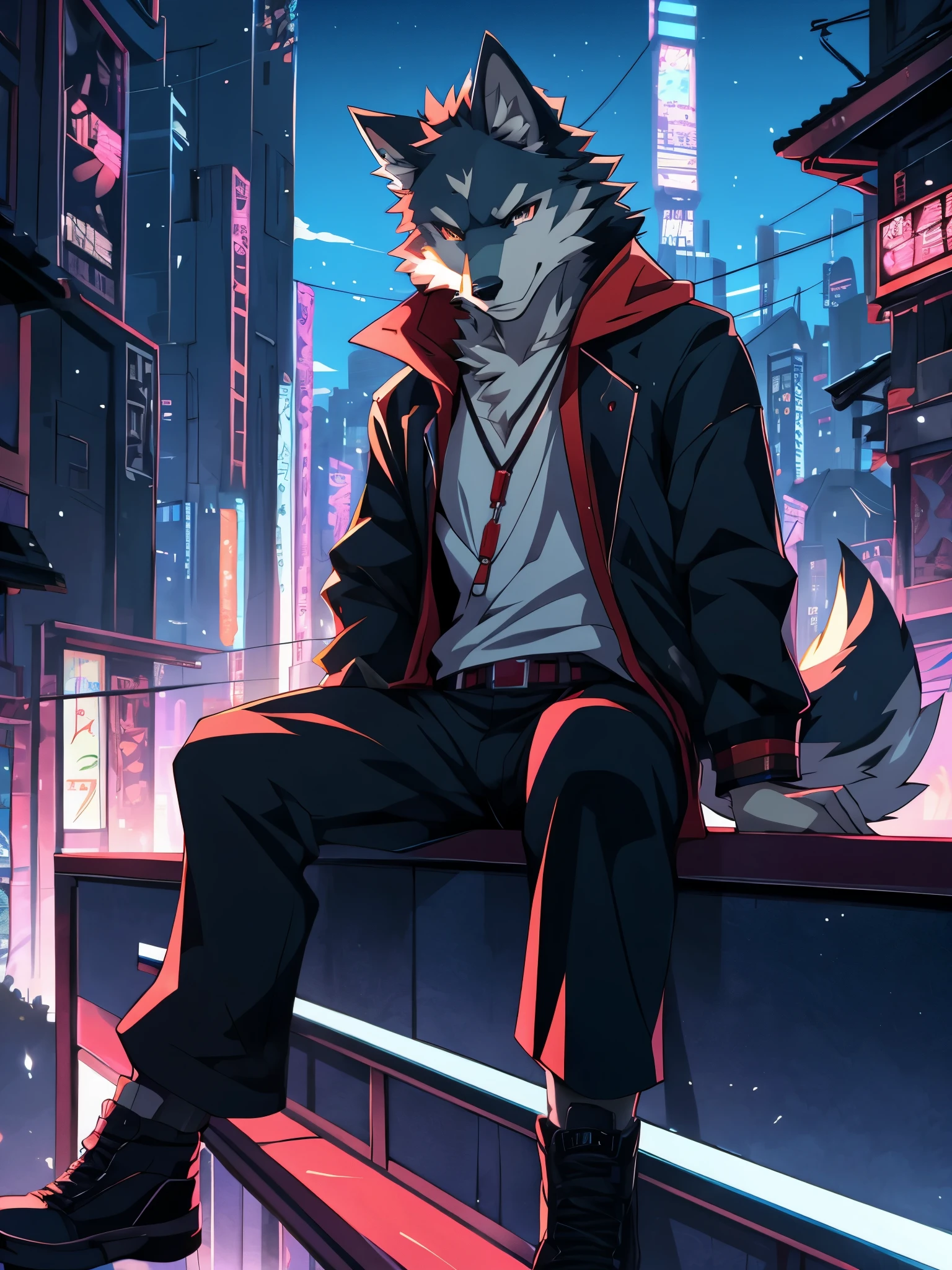 anime - style picture of a wolf man sitting on a ledge with a night city in the background, lofi artstyle, anime style 4 k, inspired by Liam Wong, anime style. 8k, 4k anime wallpaper, anime art wallpaper 8 k, 2 d art, 2d art, badass anime 8 k, by Yuumei, anime art wallpaper 4k, (Wolf Tail)