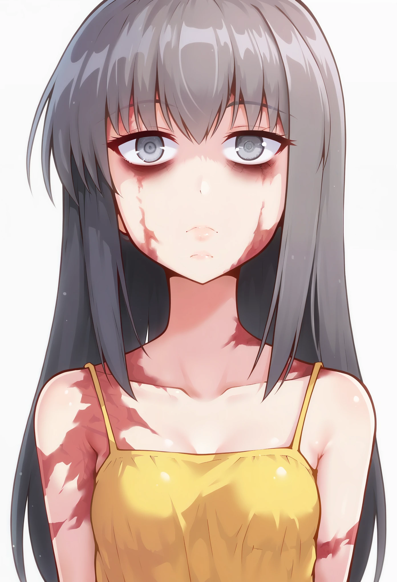 source_anime, score_9, score_8_up, score_7_up, score_6_up, a young girl standing and looking at the viewer, burn scars, scars, black hair and gray eyes, long hair, bags under eyes, wearing only a brown sundress, ragged clothes, arms behind back, head tilt, innexpressive, upper body, close-up, white background, simple background, portrait