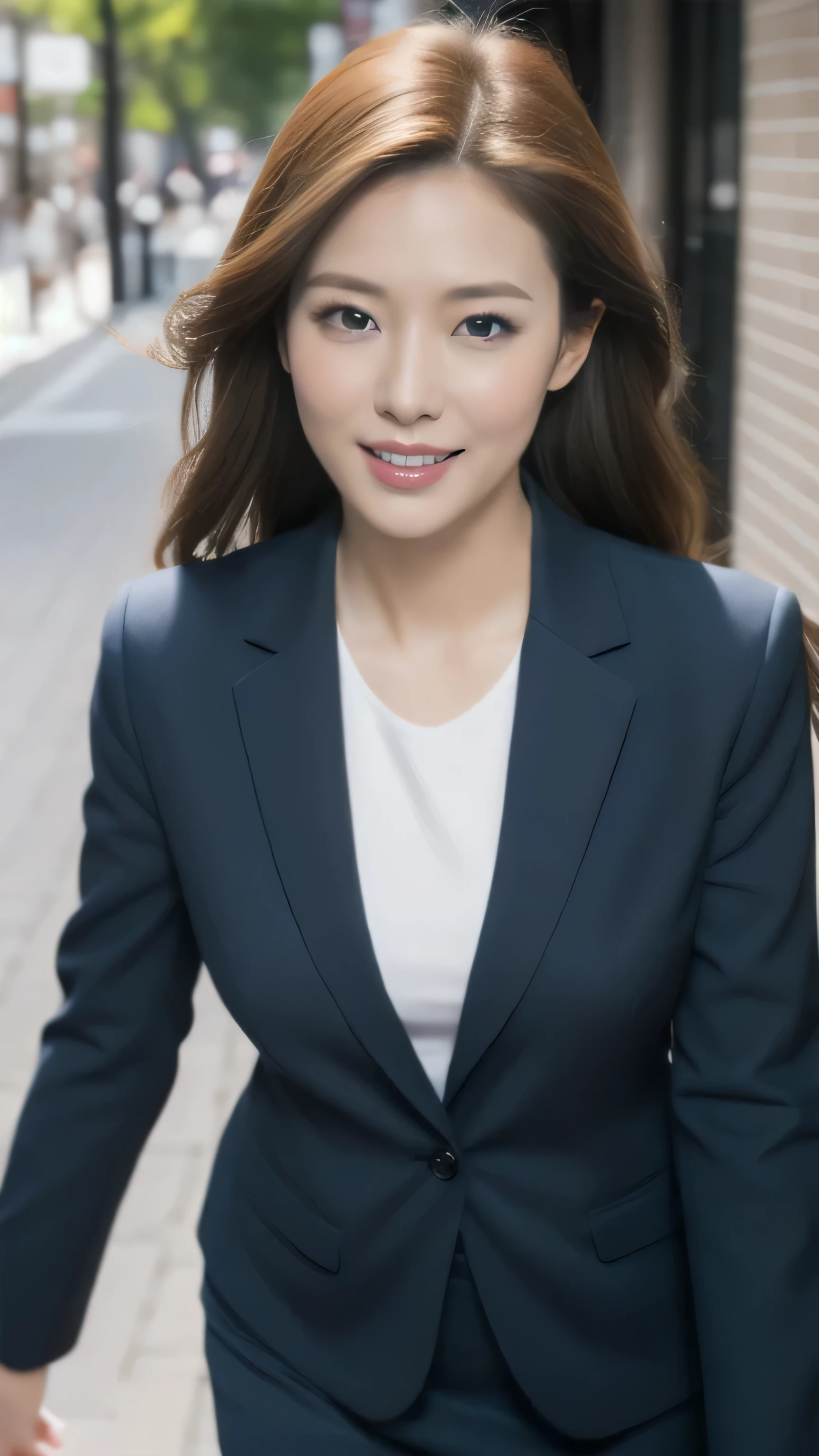 ((1 person)),hostess face、surprised expression、30 years old、married woman、suit、high quality、Super realistic、married womanの体型、日本人のmarried woman、 perfect eyes、Shining beautiful skin、Shopping Street、above the waist,shot from above