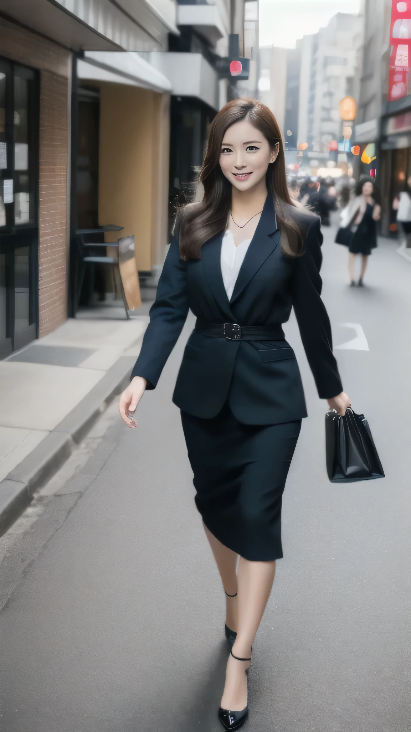 ((1 person)),hostess face、surprised expression、30 years old、married woman、suit、high quality、Super realistic、married womanの体型、日本人のmarried woman、 perfect eyes、Shining beautiful skin、Shopping Street、above the waist,shot from above