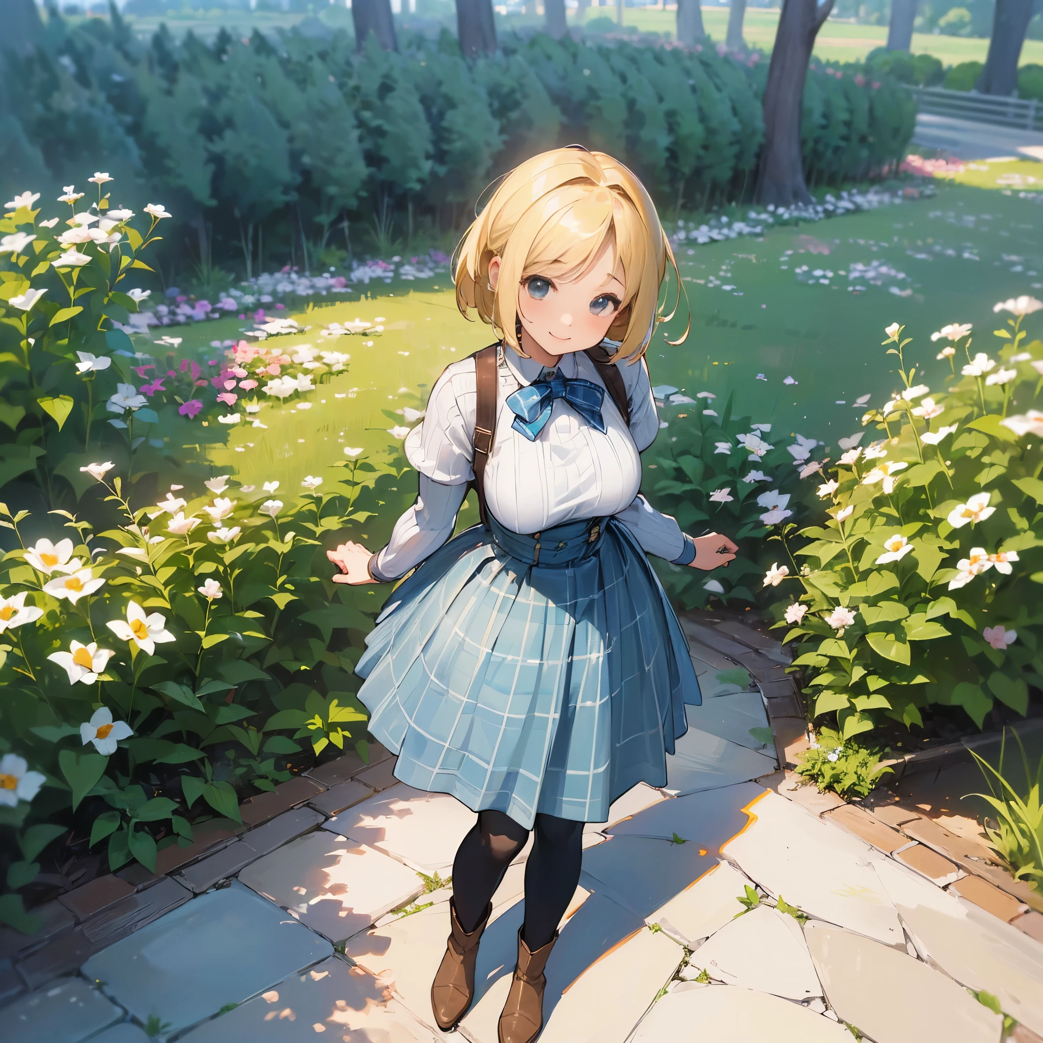 (high quality, High resolution, Super detailed, reality:1.37), peaceful atmosphere, (outdoor, garden),  girl standing alone, (my breasts are big.), Beautiful detail features, cute smile, (blonde bob hair), ribbed sweater, blue plaid skirt, black tights, brown boots.