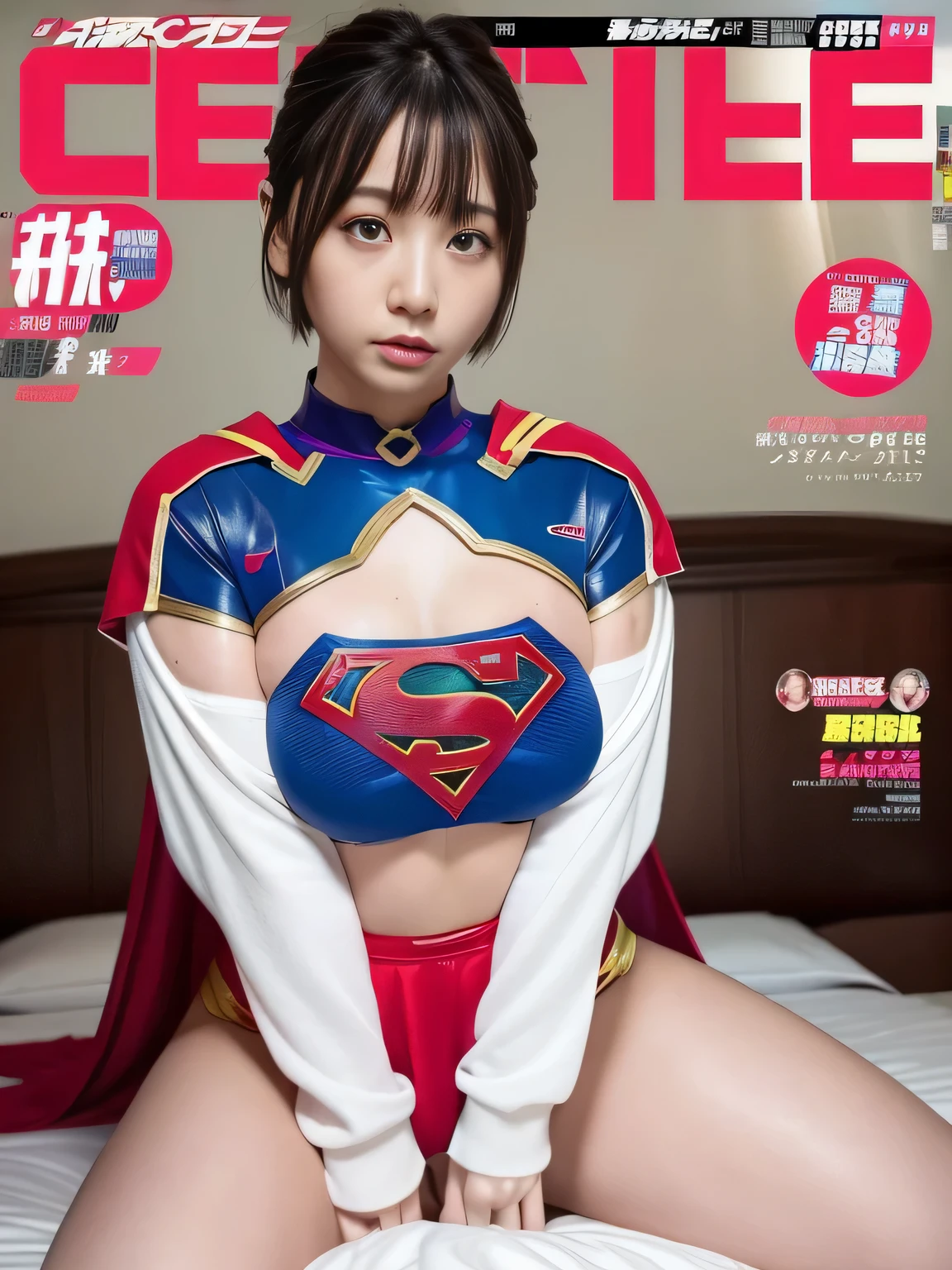 masterpiece、supergirl costume、short hair、barefoot、big and full breasts、Bedroom、masturbating in bed、sexy pose、athlete、shiny、looking at camera、Seduce、choker、long sleeve、red mini skirt、Weekly magazine cover、Sculpture Magazines、sweaty、radical、