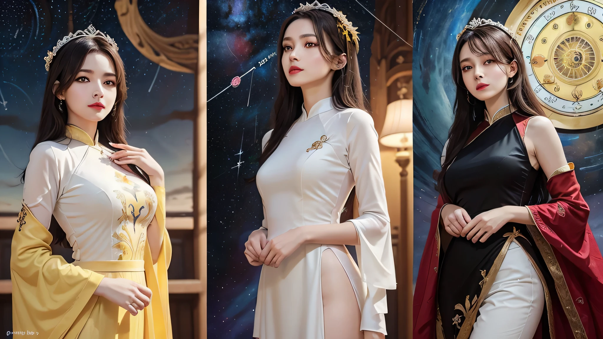 1 person 27 years old female, 1 zodiac goddess from the future, 12 zodiac goddess pink purple, 12 zodiac goddess wearing a long dress and tight red and white silk pants and pants ao dai 12 zodiac with many details in black lace, long dress in thin fabric, mythological goddess of the 12 zodiacs from the future, zodiac ♏, luxury sparkling zodiac style, dark and mysterious version, zodiac crown, red lipstick, thin and beautiful lips, A smile that captivates the viewer, Characters created by Karol Baku and Pino Daeni, intricate details, Detailed background details, extreme details, magic of light, a woman wearing long silk clothes, pretty face, long hair with flat bangs, Beautifully detailed face and well-proportioned eyes, (clear yellow eyes: 1.8), Big round eyes and very beautiful and detailed makeup, Foresight, long silk clothes, mysterious makeup, Side bangs and dyed light blonde, Top half portrait, portrait of the goddess of the zodiac, arms are hanging down, realistic and vivid photos, (the stars that make up the zodiac: 1.7), (fictional zodiac sky background: 1.8), fiction art , Raw photo, chinese style pictures, best pictures, highest quality photos, 8K quality, 8k ultra, Super realistic, most realistic pictures,,perfect body,(lie:1.3)