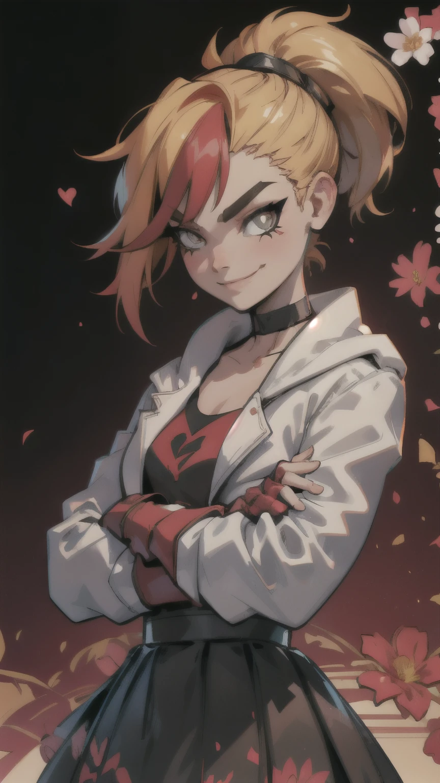 (best quality:1.2),solo,1girl,mdrin,smile,looking at viewer,crossed arms,ponytail,v-shaped eyebrows,white jacket,red shirt,fingerless gloves,black skirt,choker,illustration,floral garden background,warm color tones,soft lighting