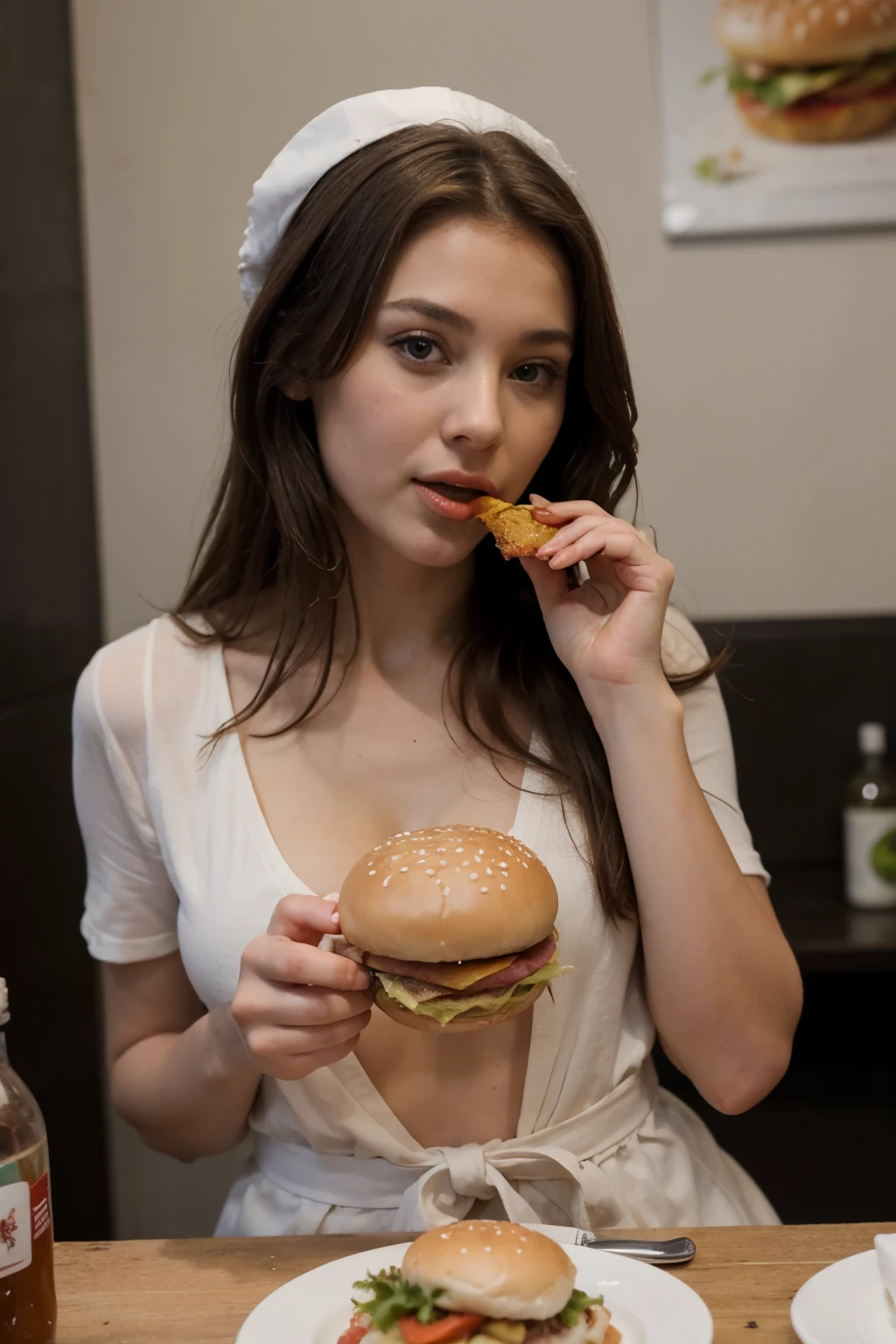 a wonderful woman looking to hotdog, she love hotdogs and can't wait to put the hotdog in the mouth, she is sweating when waiting to eat