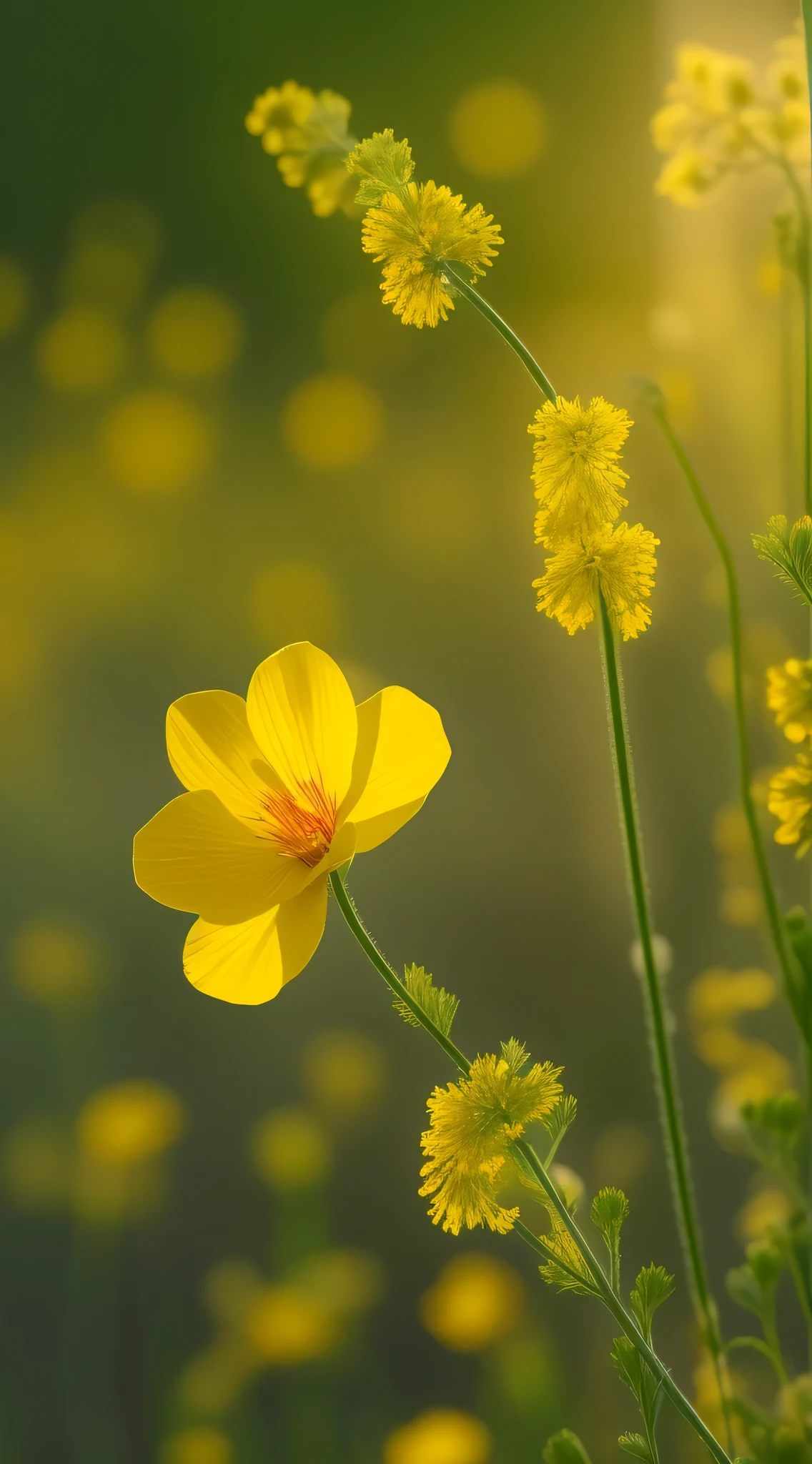 A canola flower，A close-up of rapeseed flowers，Swinging in the wind HD quality，flower，imagine，sunset background