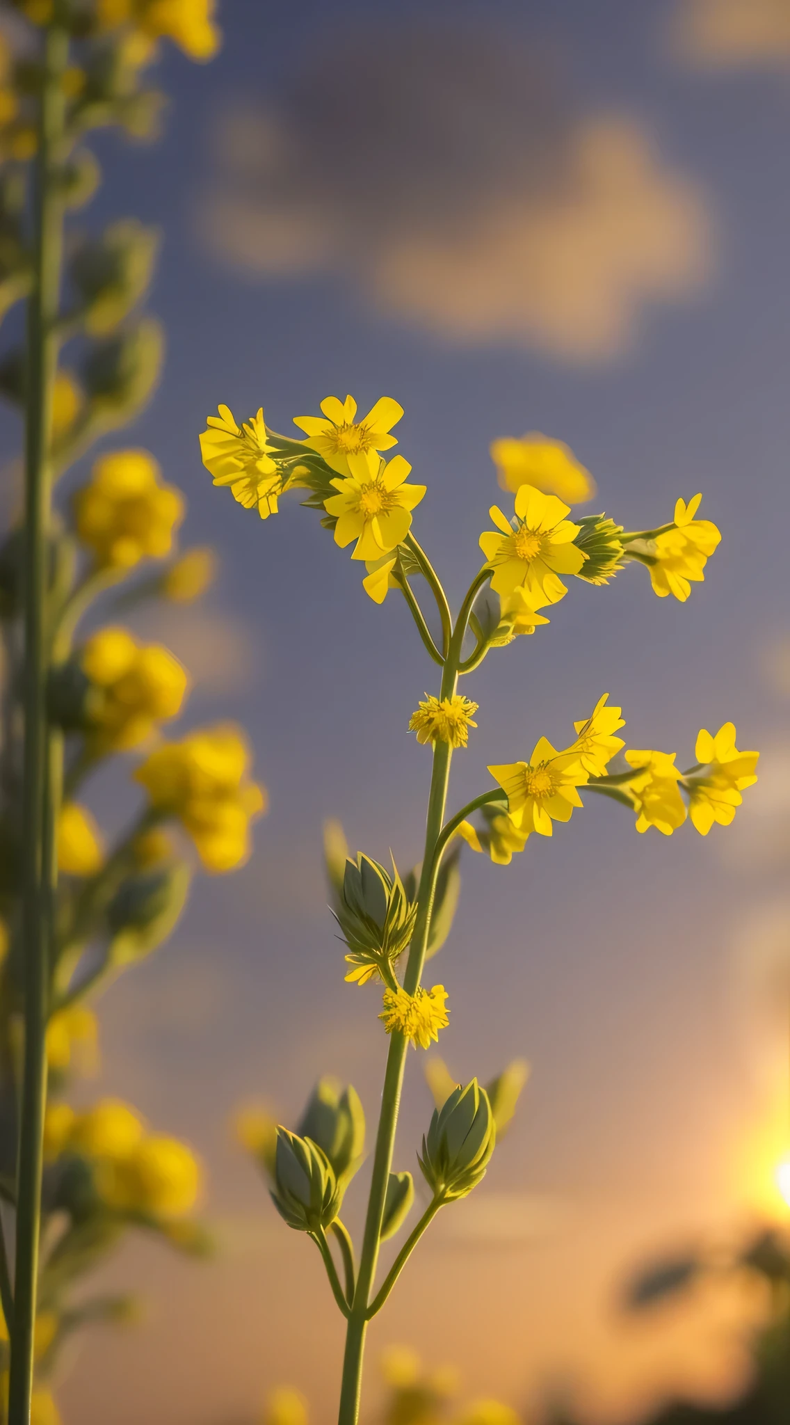A canola flower，A close-up of rapeseed flowers，Swinging in the wind HD quality，flower，imagine，sunset background