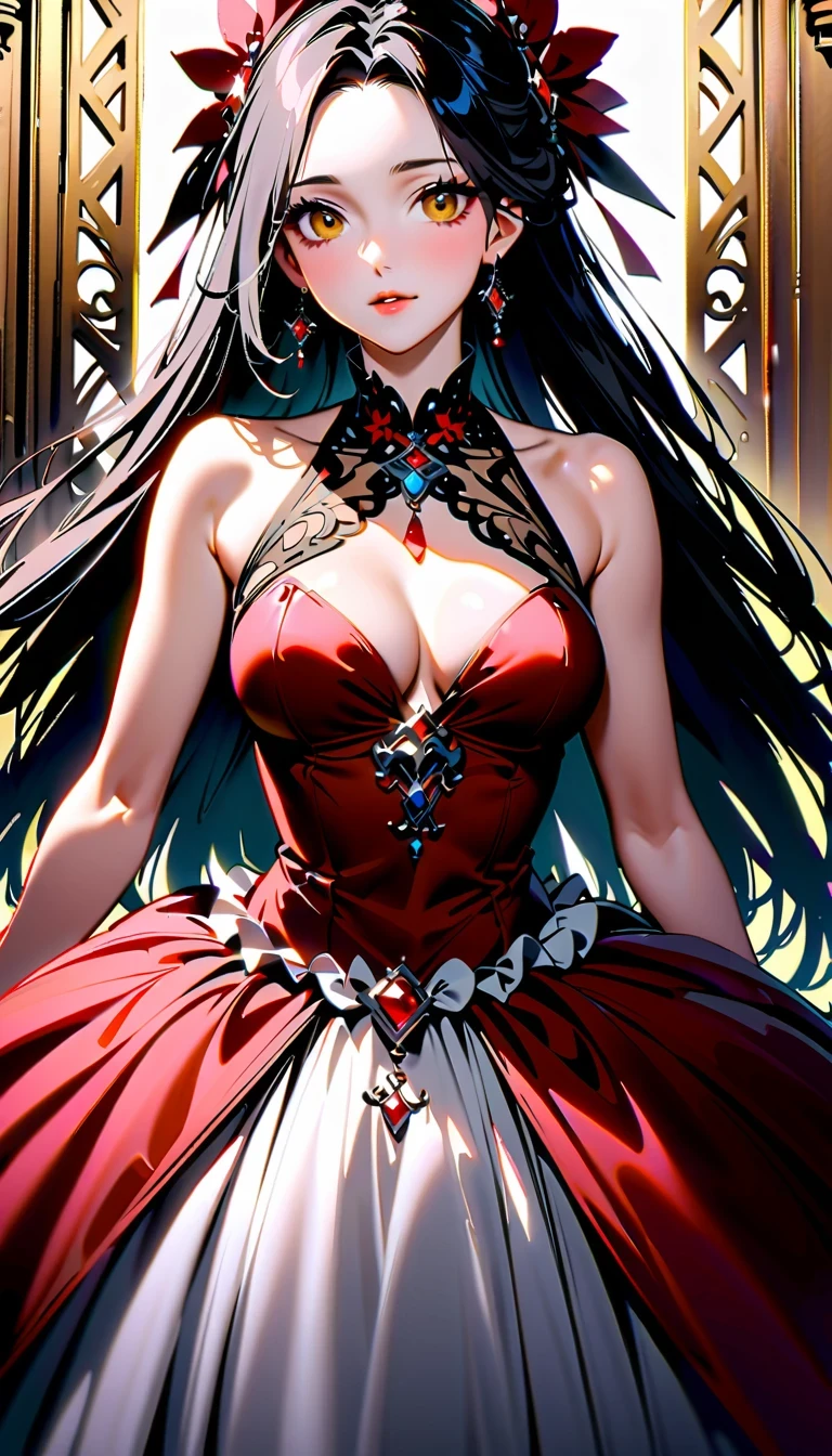 draw a woman, Wearing a high fashion dress, calm pose, Eyes reveal confidence and charm.