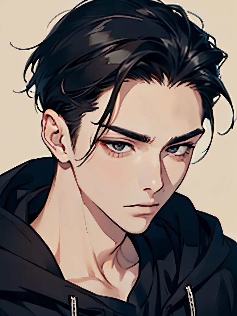 A man, simple, eye contact, face close-up, asian eyes, pale skin, black hair, dark black eyes, half closed eyes, small eyes, elegant, hair slicked back, hoodie, defined bone structure, defined facial features, strong jaw