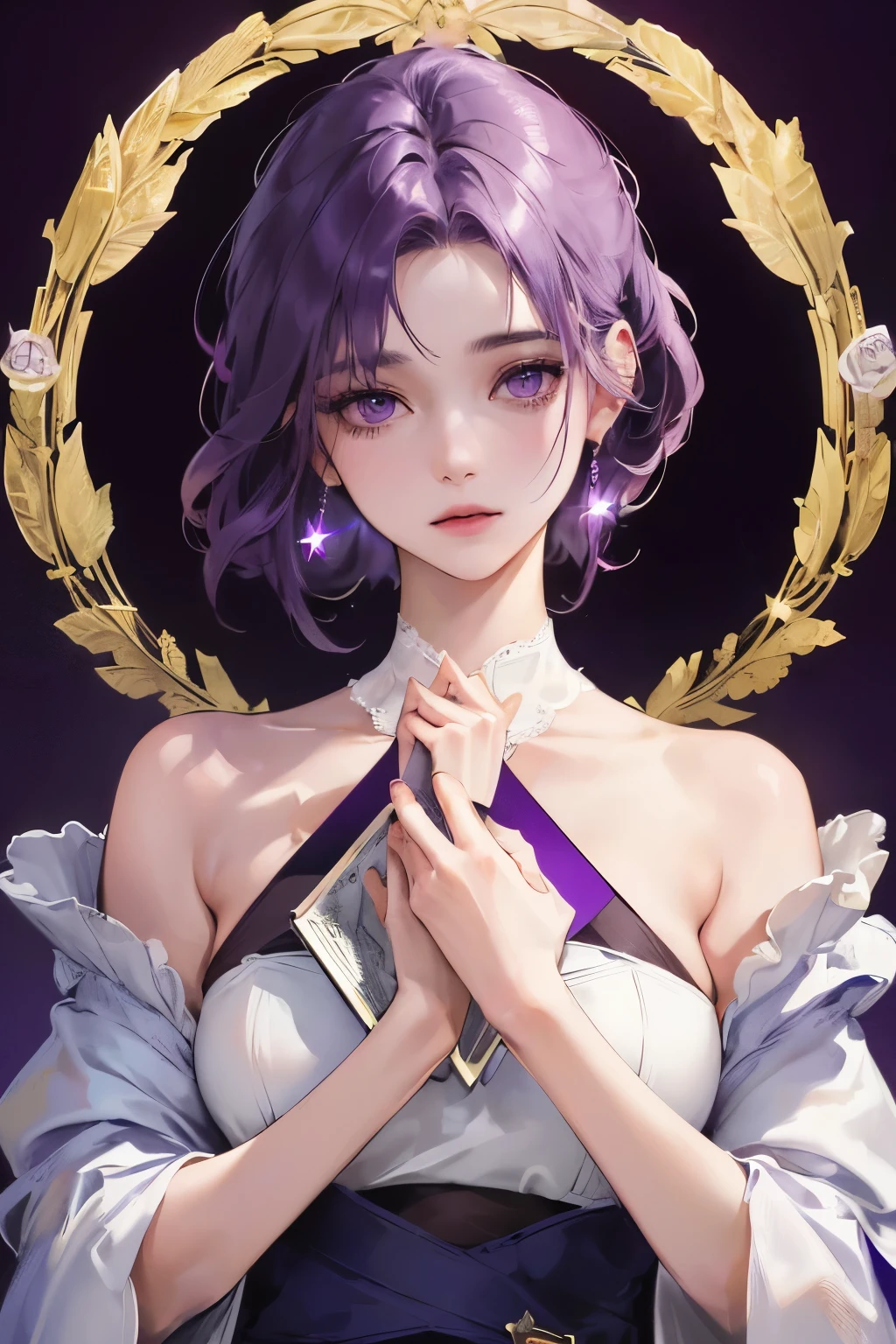 cover for a book, photography of beautiful healer woman, a solo woman, (((woman))), (feminine face), 25 years old, healer, good girl, (purple eyes), expressive look, short purple hair, (((dark background))), shine hair, white dress, blue stars, super detailed face, perfect body, perfect shapes, realistic image, award winning photography, 8k,