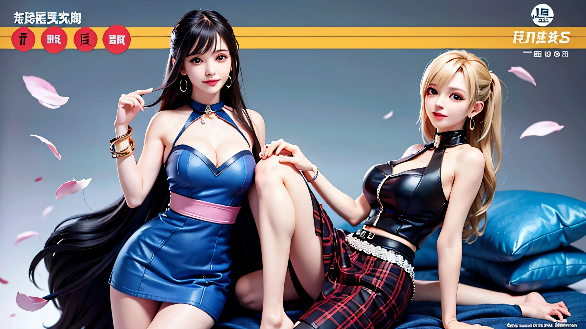 masterpiece, great style, full body, 1 girl, bangs, Black choker, Black tie, blonde hair, Blue skirt, blush, bracelet, beautiful breasts, choker, waist dress, clavicle, Collared shirt, denim pictures, Dress shirt, Ear earringss, eyebrows visible through hair, gradient hair, grin and laugh, Improve, jewelry, Kogal, long hair, looking at the audience, Loose tie, tie, earrings, Plaid skirt, Plaid skirt, Pleated skirt, red eyes, ring, , shirt, skirt, smile, alone, 白のshirt, street, null, cherry blossoms, petal, shape, (magazine: 1.3), (cover style: 1.3), fashion, woman, lively, clothing, stop temporarily, front, colorful, dynamic, background, element, With confidence, expressive, all, statement, attachment, majestic, coiled, around it, touch, scene, article, cover, bold, eye-catching, title, fashion, font, catchy, title, bigger, eye-catching, modern, stylish, concentrate, stylish, black stockings,perfect body,(lie:1.3)