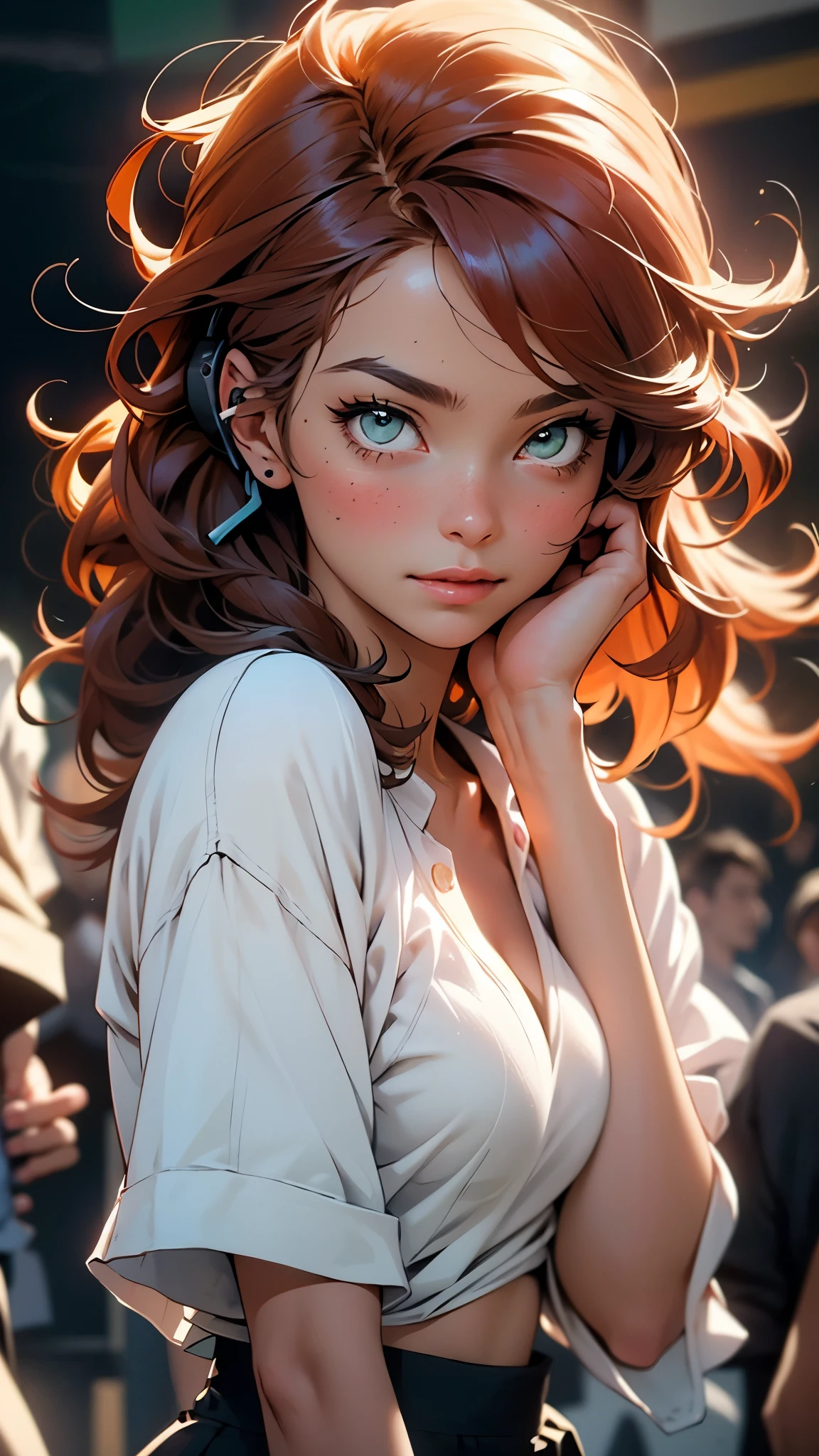 melancholy lighting, quiet, calm, brightness, masterpiece, best quality, (ultra photorealistic:1.3), (masterpiece:1.4), best quality, ((realistic)), high quality, highly detailed, ((Real image)), ((realistic skin)), ((realistic face)),(illustration:1.05), (beautiful:1.05), (beautiful detailed eyes:1.05), (cinematic light:1.1), Full body, precise proportions, 28-year-old girl, skinny female, red and blue headphone, dancing at the night club with two friends, two-tone hair blue and red hair, tulle, long legs, buttocks, blush, shyness, collarbone, abdominals, double weave, beautiful and delicate face, fair skin, real skin, (face detail), pores, super high resolution, 8k, parameters Best quality, masterpiece, super high resolution, (Realistic 2.0), More details, detailed skin, wearing a short black leather skirt, no panties, white teeth, voluminous curly hair, perfect and well designed light green eyes, girlfriend, beautiful, beautiful, studio lighting